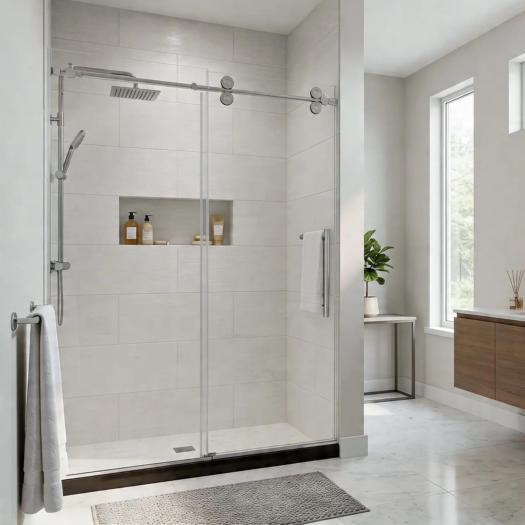 Modern bathroom with a glass shower enclosure, towel rack, and window.