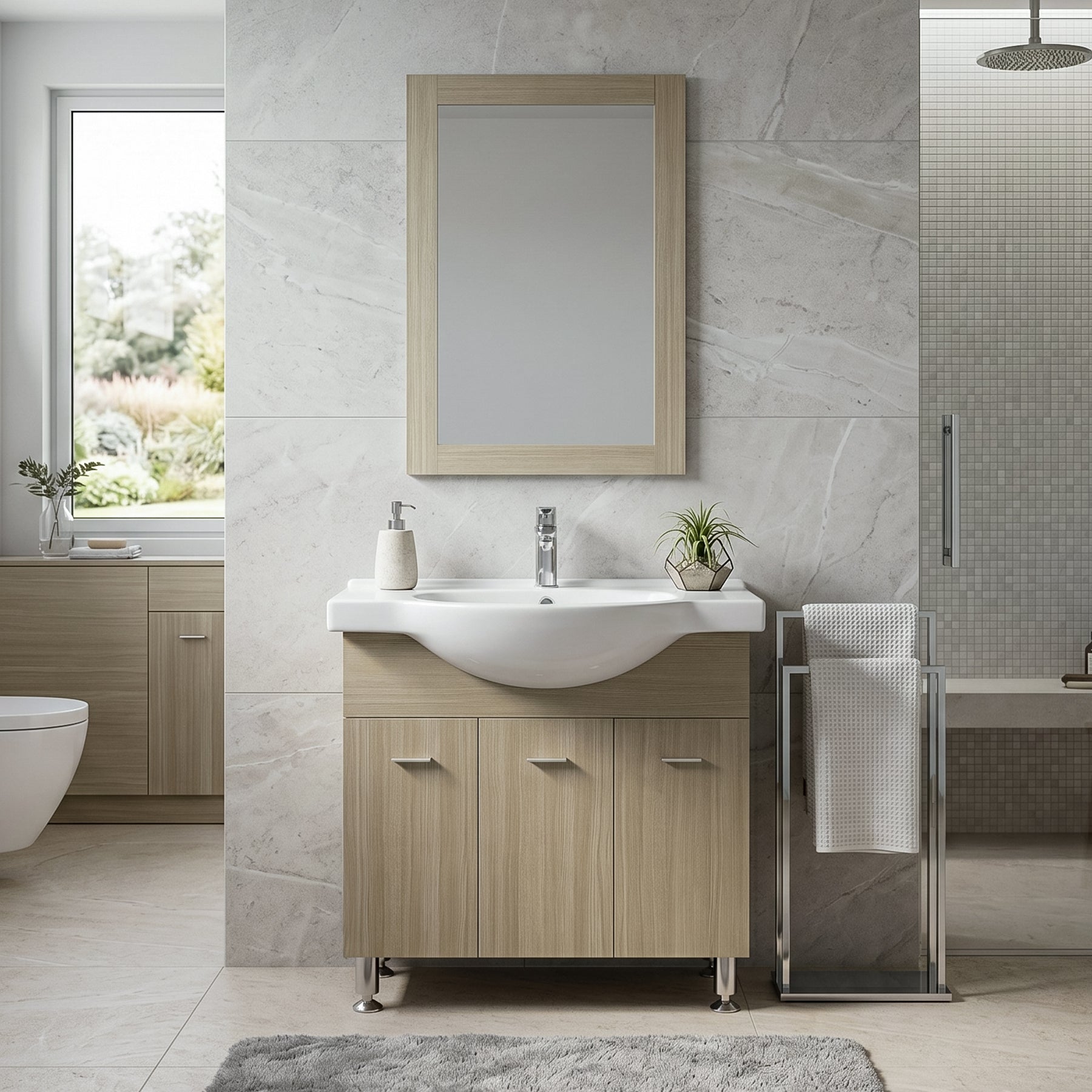 Bango 33.5" W x 19.5" D x 32" H Vanity in Beige with Ceramic Vanity Top in White - Dreamwerks