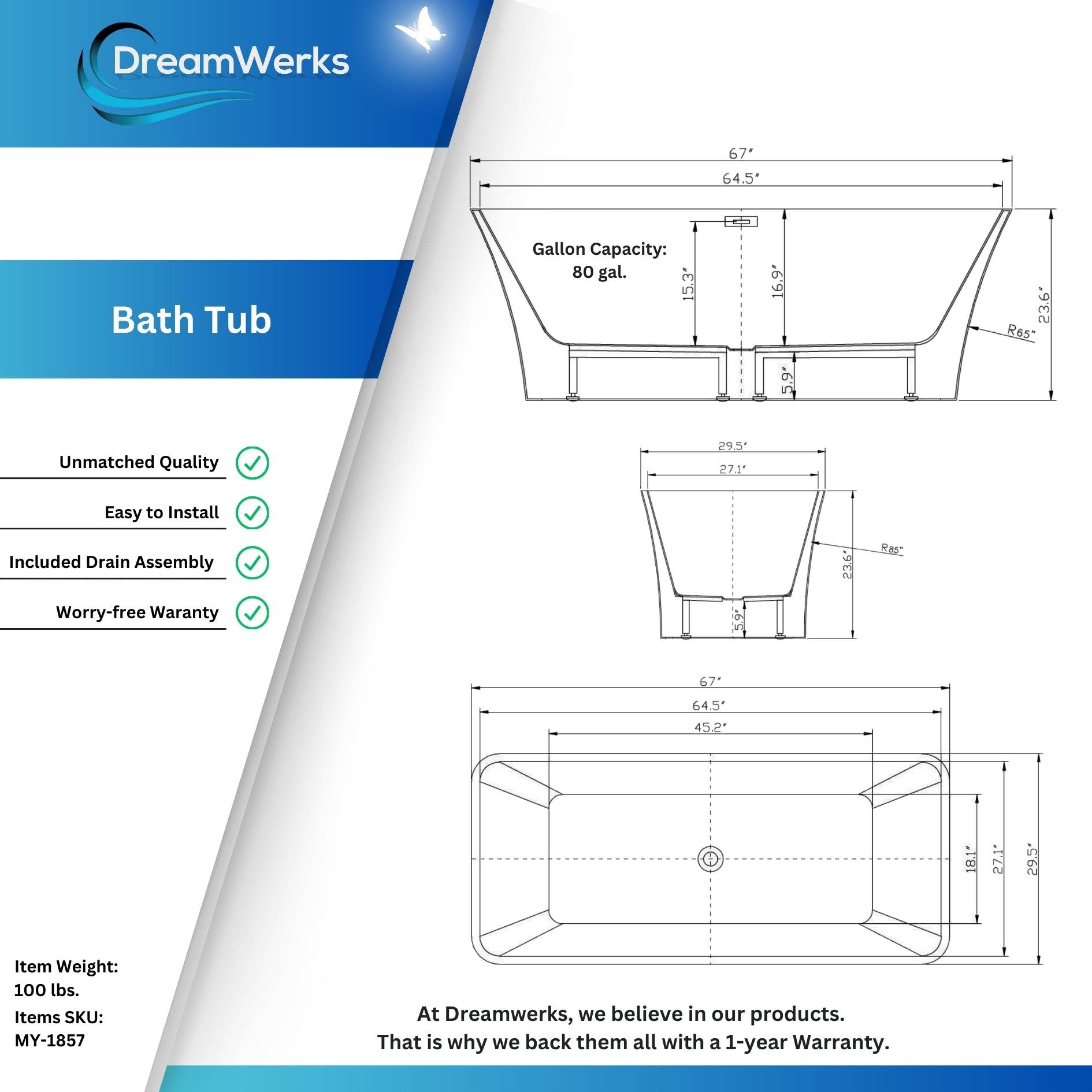 Info Graphic of Dreamwerks 80 Gallon White Acrylic Rectangular Tub – Fiberglass Bathtub for Modern Baths