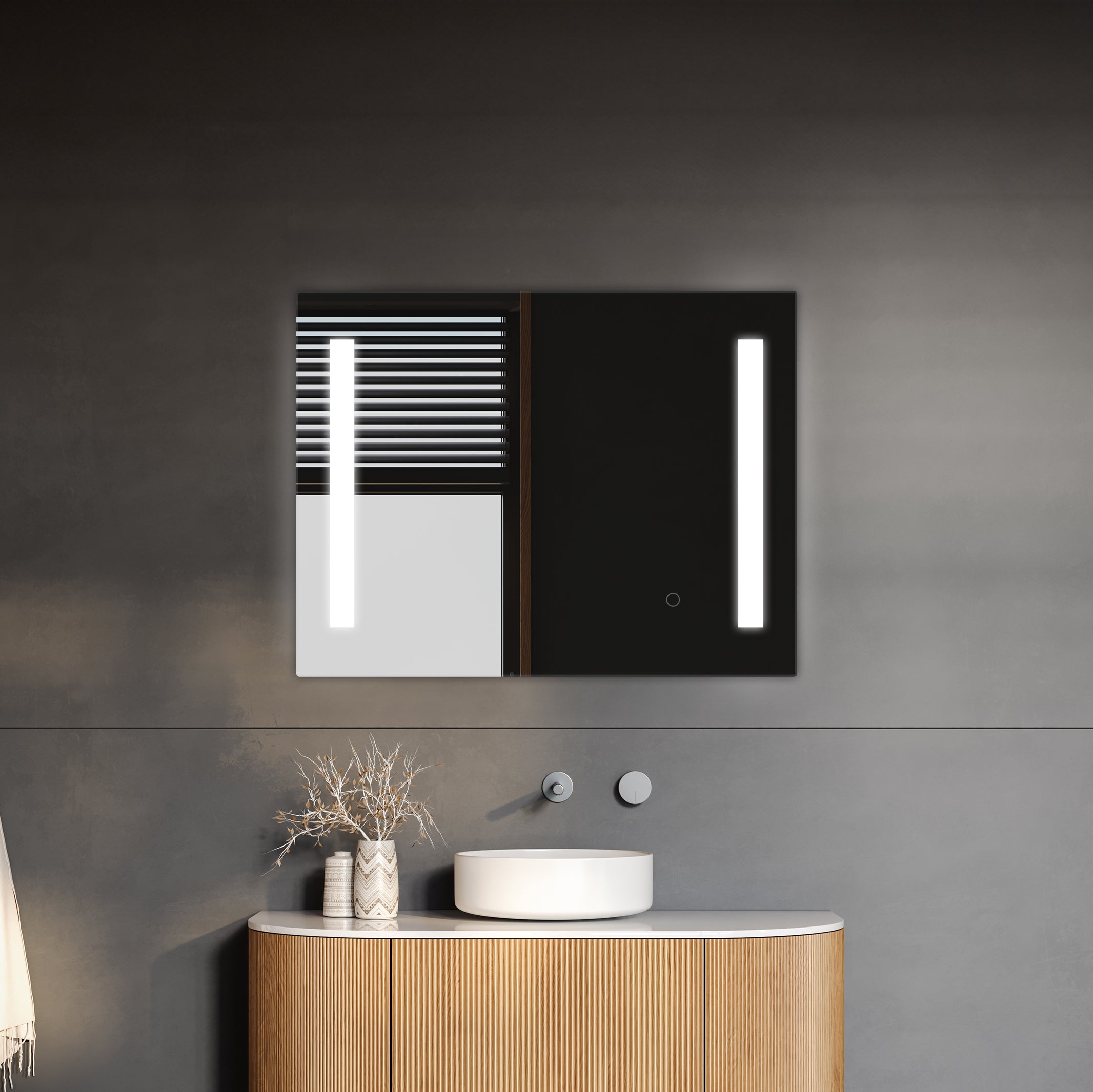Minimalist bathroom interior with a modern, symmetrically designed vanity against a textured gray wall, highlighted by sleek, rectangular TREVISO LED mirrors with an integrated defogger.