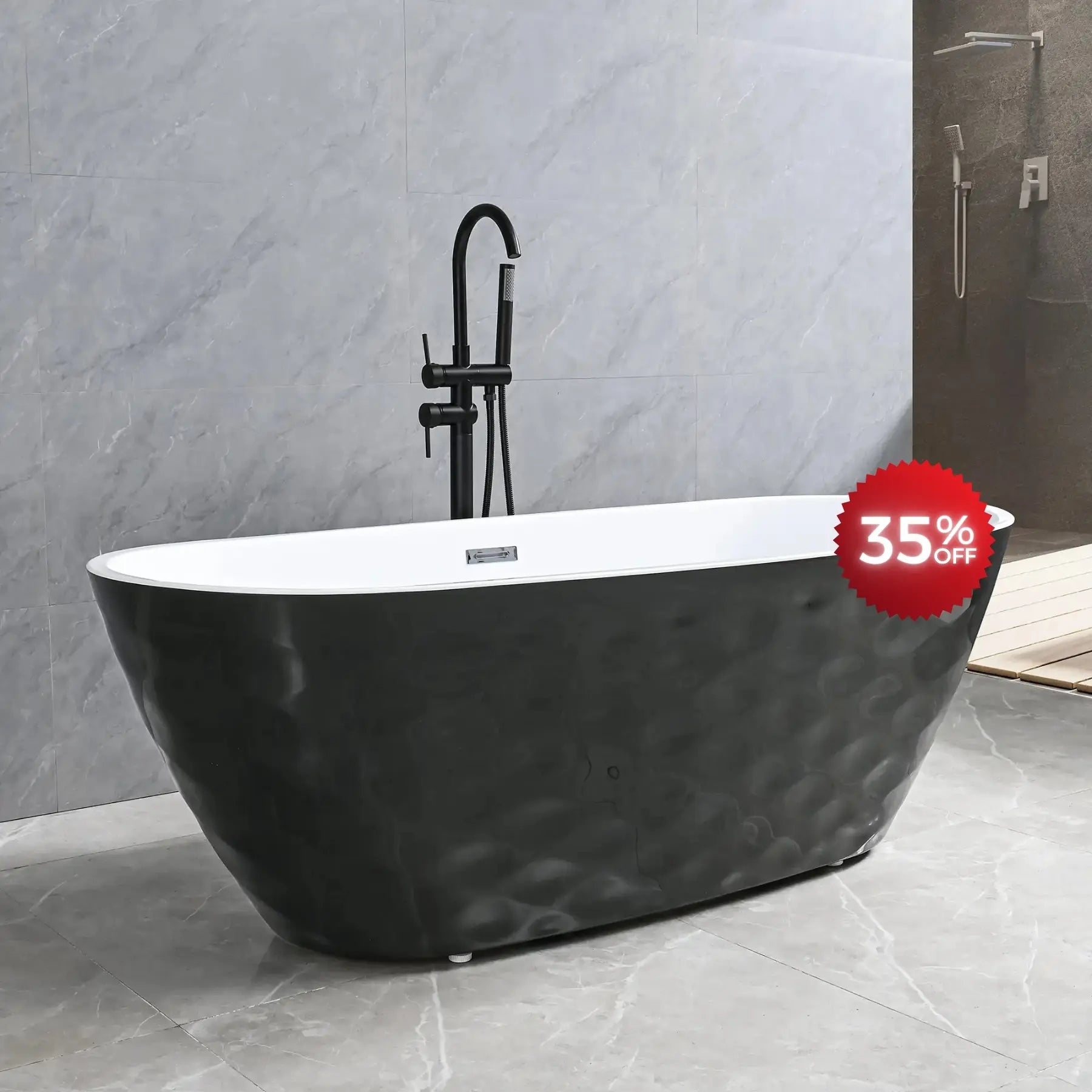 Black Dreamwerks freestanding bathtub in a modern bathroom with promo banner 35% off.