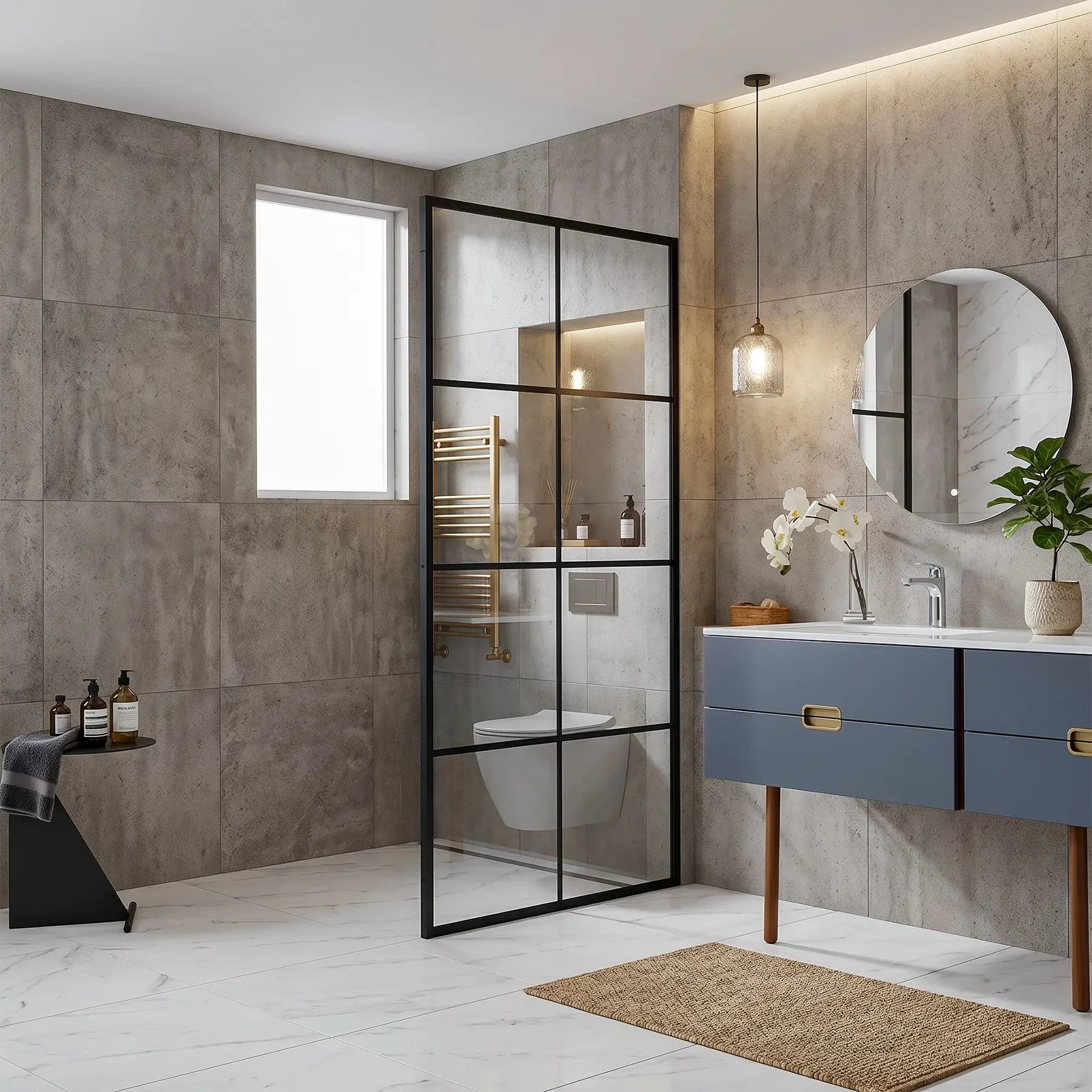 Modern bathroom with glass shower enclosure, blue vanity, and decorative elements.