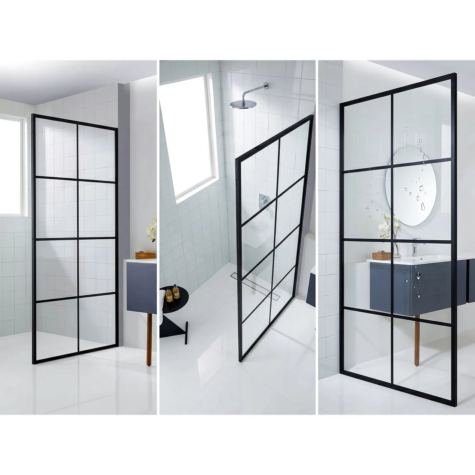 Black-framed glass shower screen door in a bathroom setting.