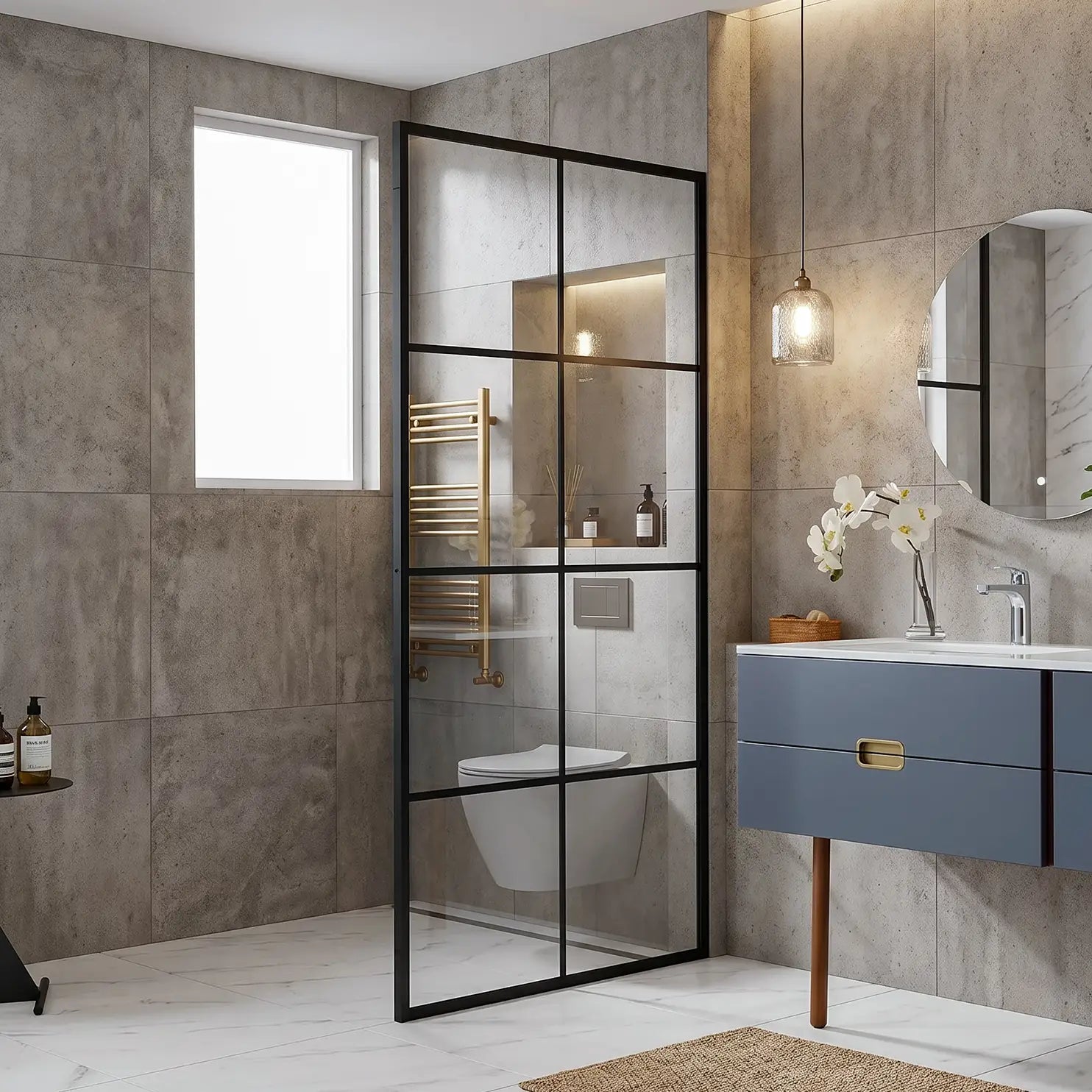 Modern bathroom with glass shower enclosure, blue vanity, and marble walls.