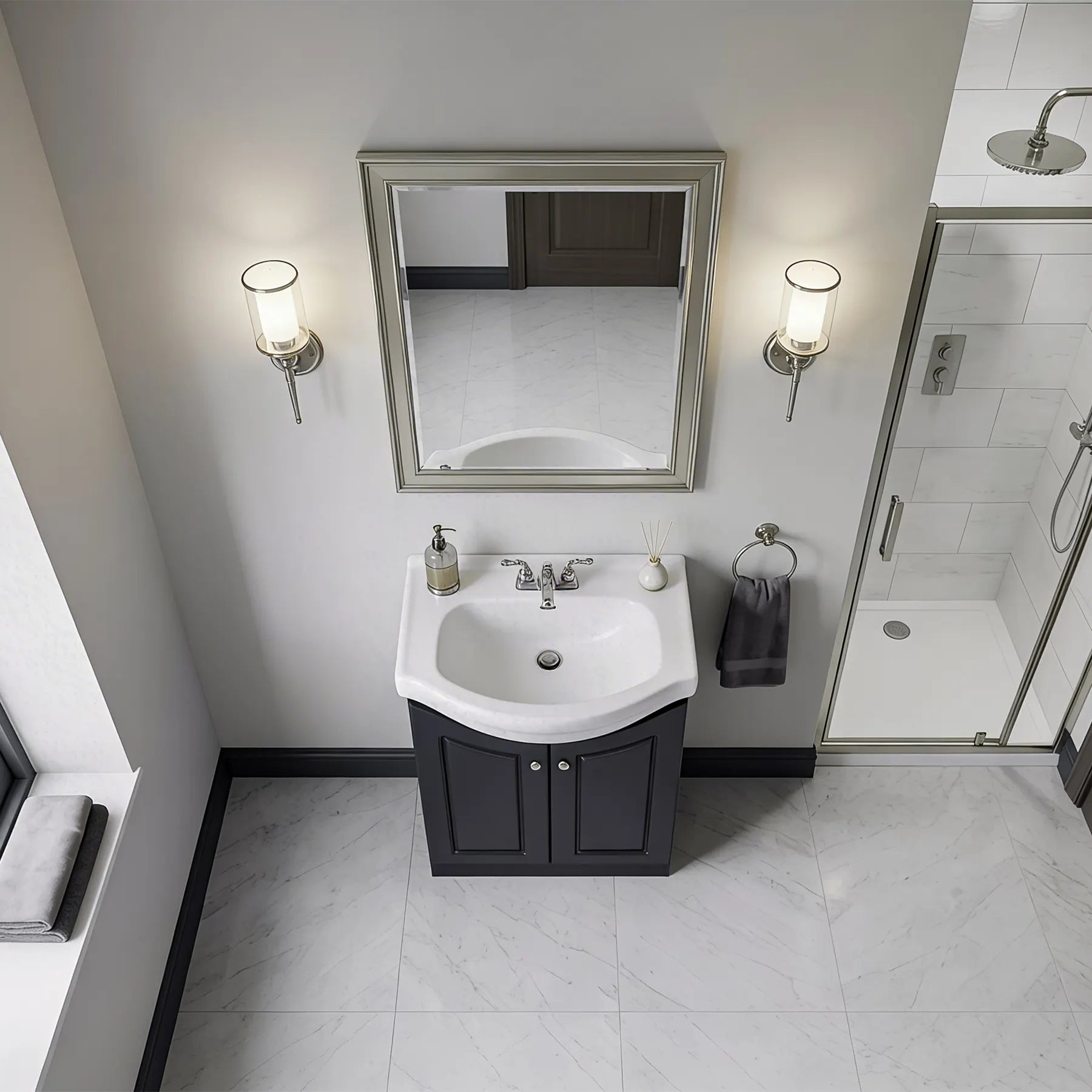 Bathroom with sink, mirror, and shower