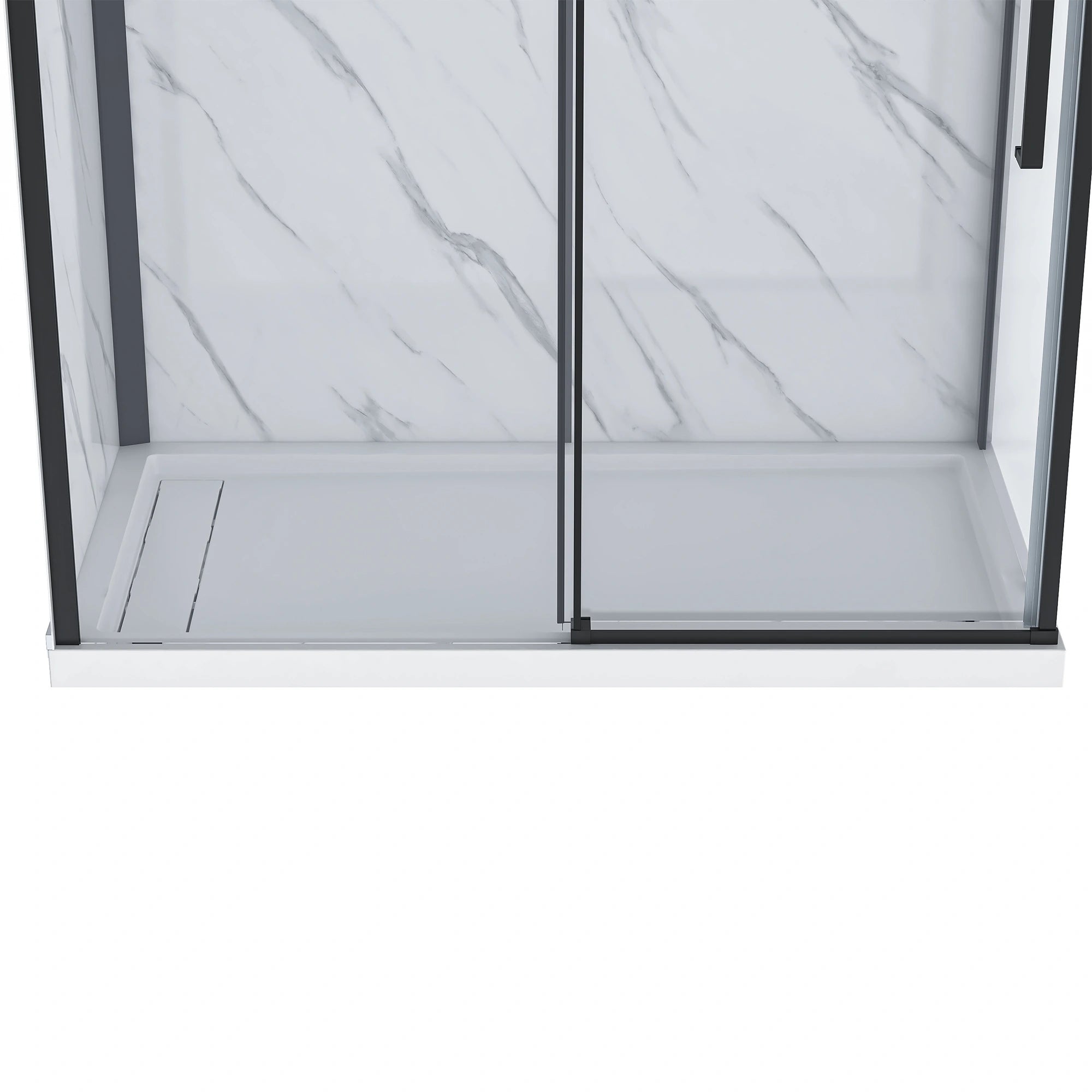 Close-up of the Dreamwerks shower base and lower door track, highlighting the low-profile white shower pan with an integrated drain and the matte black bottom roller guide for the sliding glass shower door.