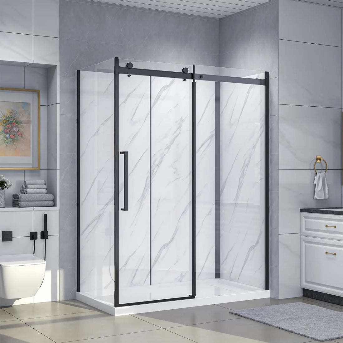 Dreamwerks Bristol 60-inch corner shower kit with sliding door, matte black frame, clear tempered glass panels, white marble-look shower walls, and a matching white base. The unit is installed in a modern bathroom with gray tiled walls.