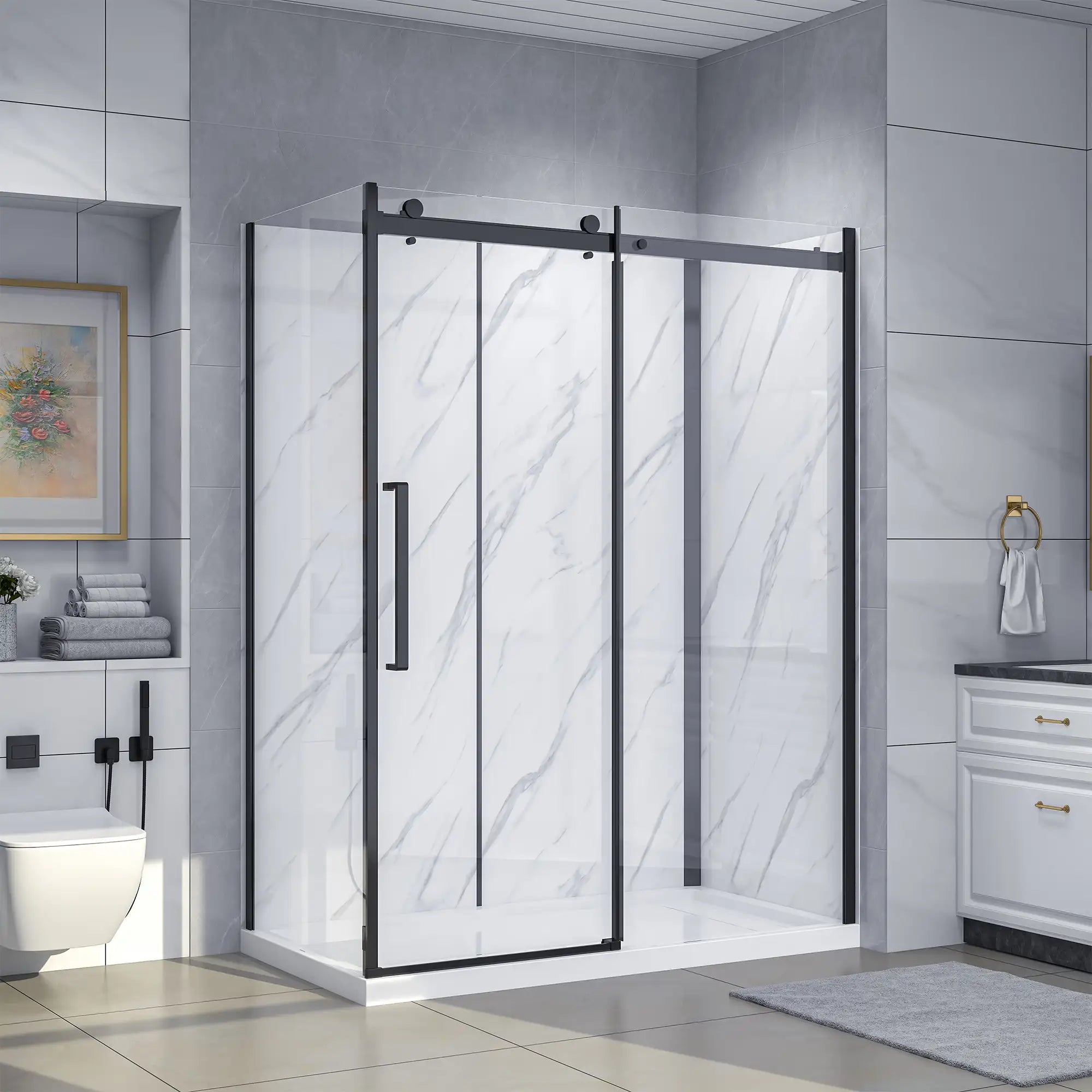 Dreamwerks Bristol 60-inch corner shower kit with sliding door, matte black frame, clear tempered glass panels, white marble-look shower walls, and a matching white base. The unit is installed in a modern bathroom with gray tiled walls.