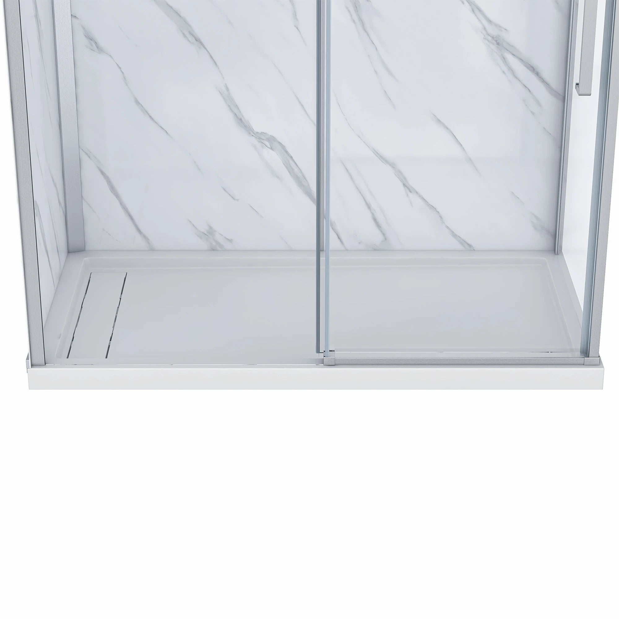 Close-up of the Dreamwerks shower base and lower door track, showing the low-profile white shower pan with the integrated linear drain cover, and the sliding door track finished in brushed nickel.