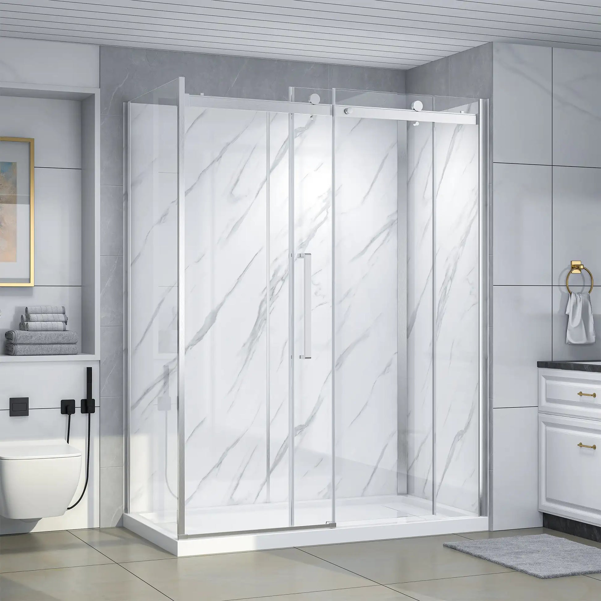 Dreamwerks Bristol rectangular corner shower kit with an open semi-frameless clear glass sliding door, hardware in a brushed nickel finish, white marble-look shower walls, and a low-profile white base, installed in a modern gray bathroom.
