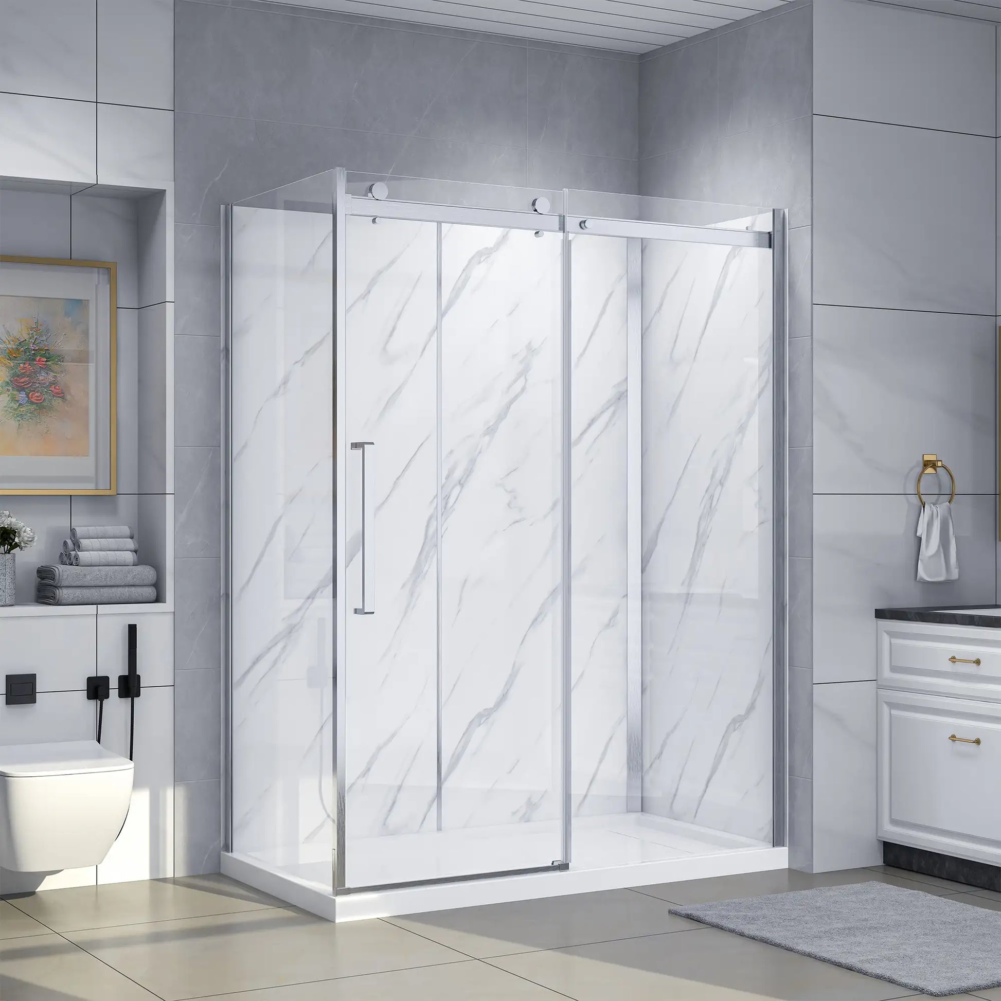 Dreamwerks Bristol rectangular corner shower kit with a semi-frameless clear glass sliding door, hardware in a brushed nickel finish, white marble-look shower walls, and a low-profile white base, installed in a modern gray bathroom.