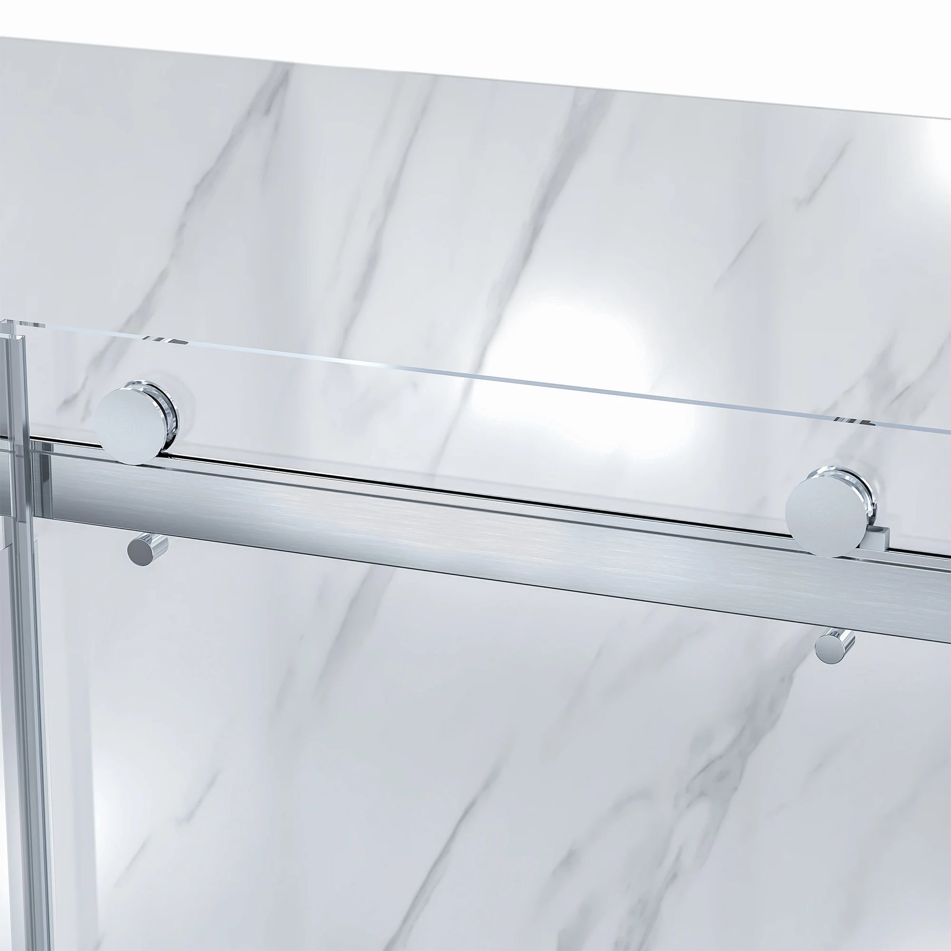Close-up of the semi-frameless sliding shower door hardware in a brushed nickel finish, showing the large, exposed circular rollers gliding along the top rail against a white marble-look shower wall.