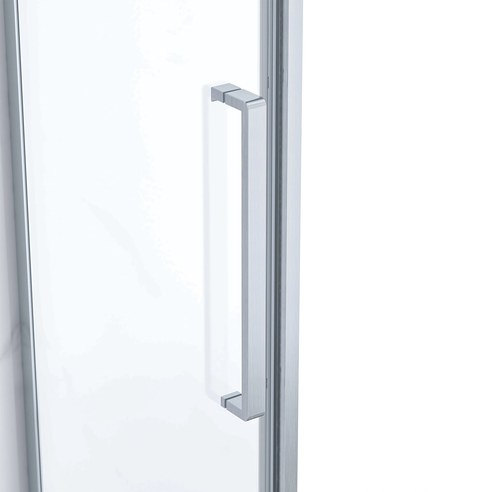 Close-up of the Dreamwerks shower door's vertical frame and square pull handle in a satin brushed nickel finish, highlighting the clear glass panel and modern design details.