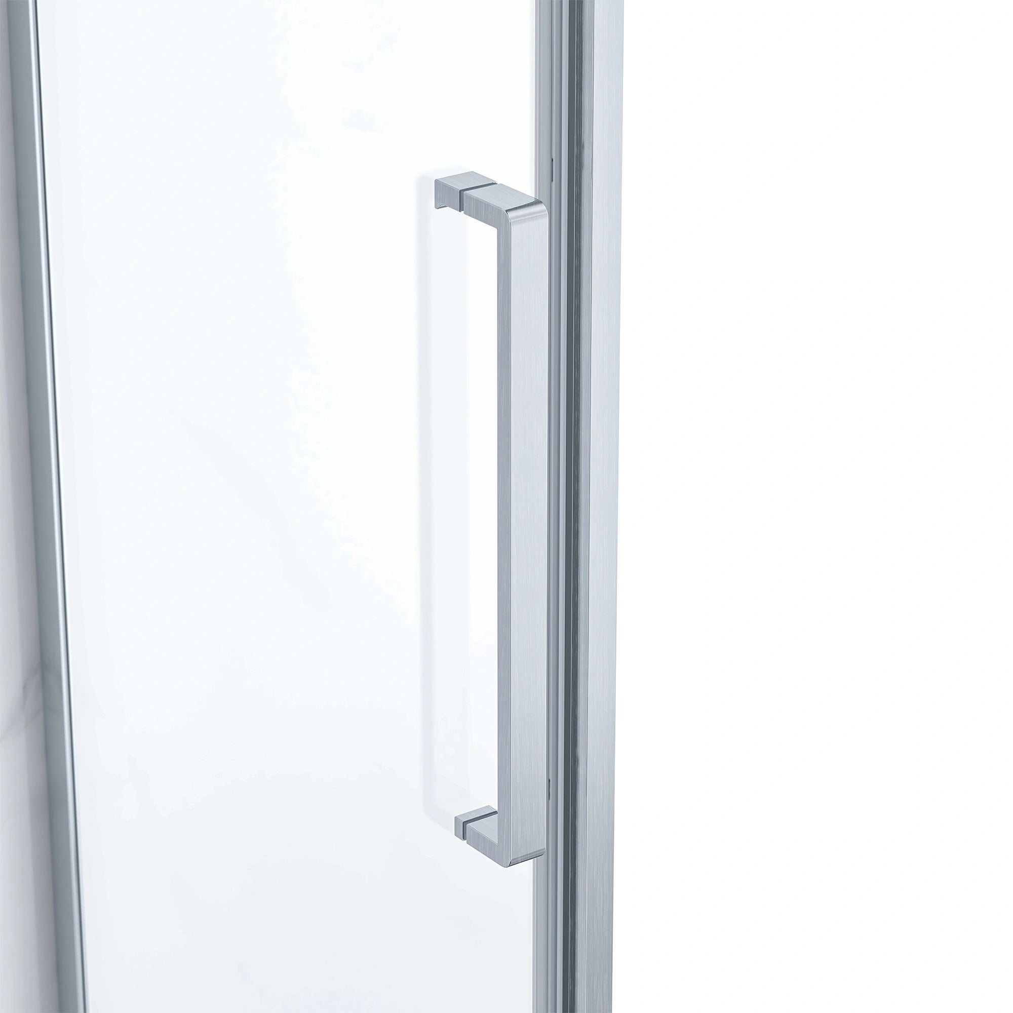 Close-up of the Dreamwerks shower door's vertical frame and square pull handle in a satin brushed nickel finish, highlighting the clear glass panel and modern design details.