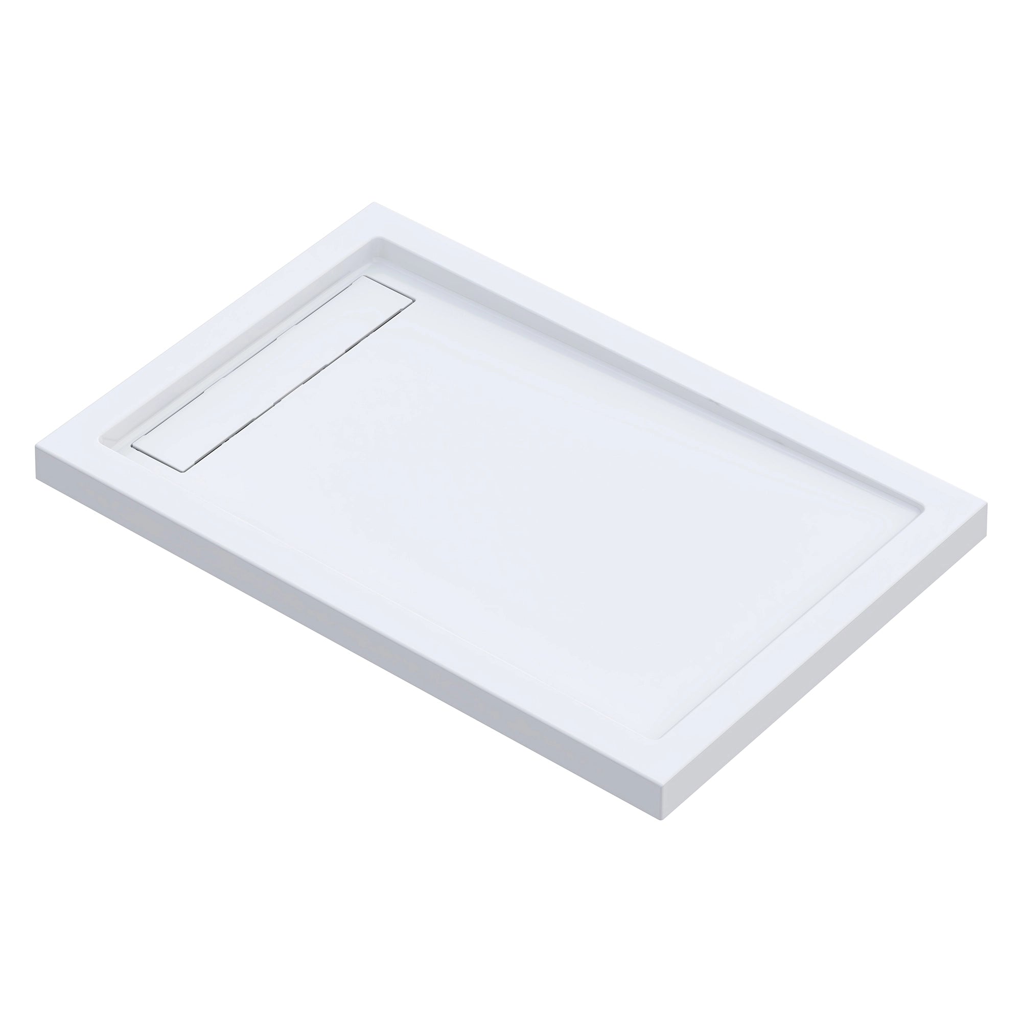 Dreamwerks white rectangular base with a drain cover on a white background