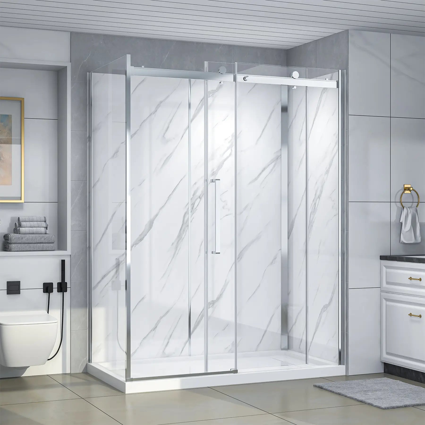 Dreamwerks Bristol rectangular corner shower kit, featuring clear tempered glass and a bright chrome finish on the semi-frameless sliding door system. The kit includes white marble-look shower walls and a white low-profile base, installed in a contemporary bathroom.