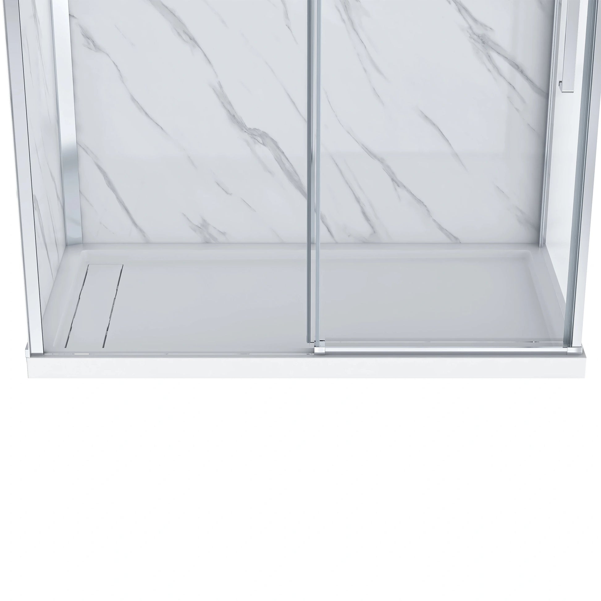 Close-up view of the Dreamwerks shower base in white and the lower chrome frame of the sliding door. The low-profile base features a recessed linear drain and the bottom track for the clear glass panel.