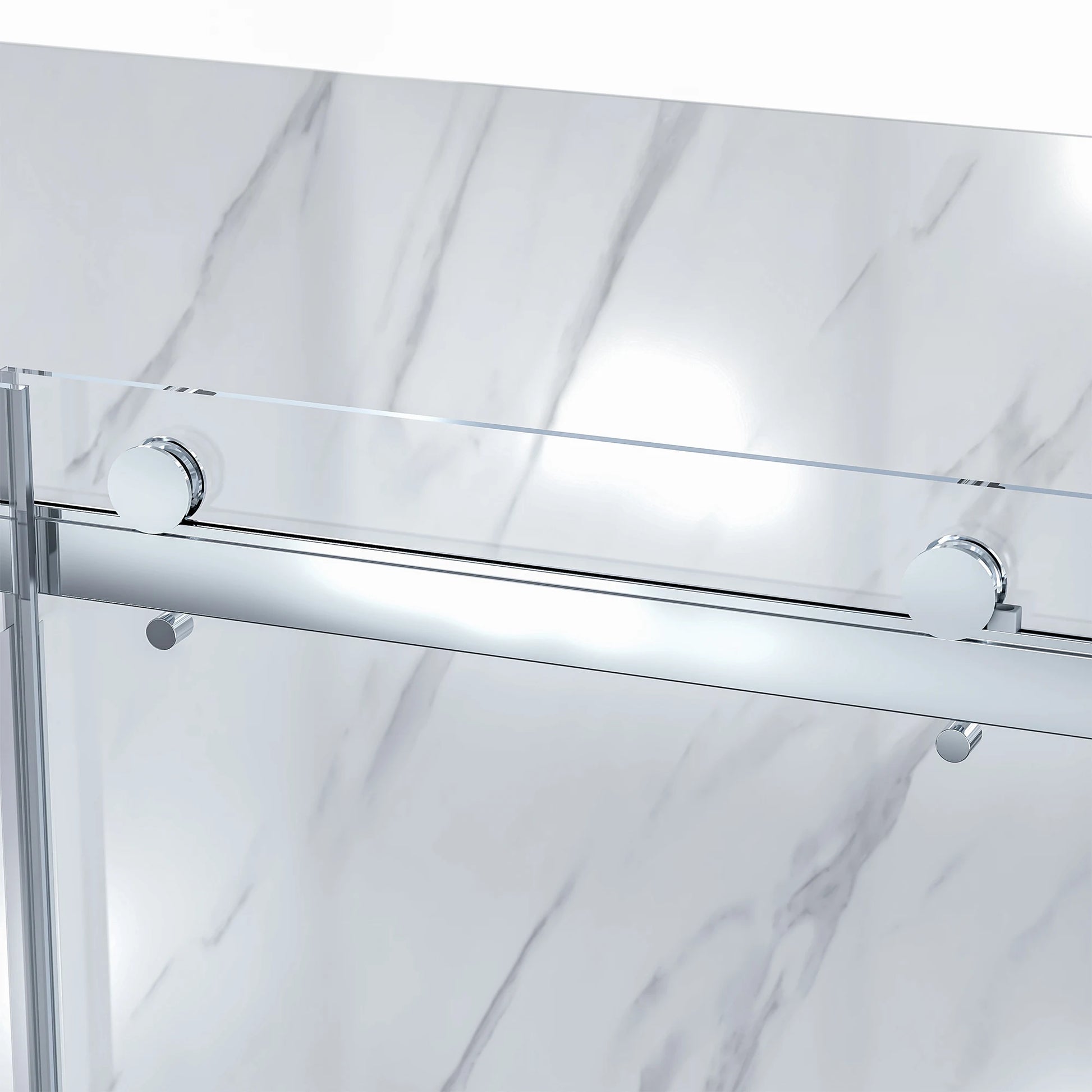 Close-up of the semi-frameless sliding shower door hardware in a bright chrome finish, showing the large, exposed circular rollers gliding along the top rail against a white marble-look shower wall.
