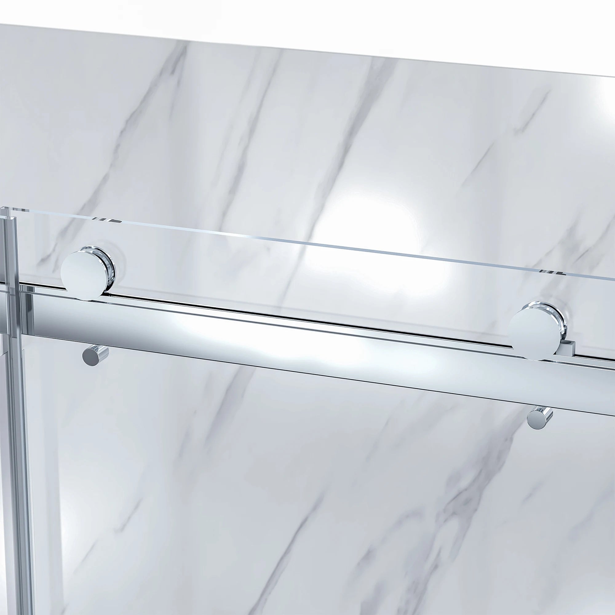 Close-up of the semi-frameless sliding shower door hardware in a bright chrome finish, showing the large, exposed circular rollers gliding along the top rail against a white marble-look shower wall.