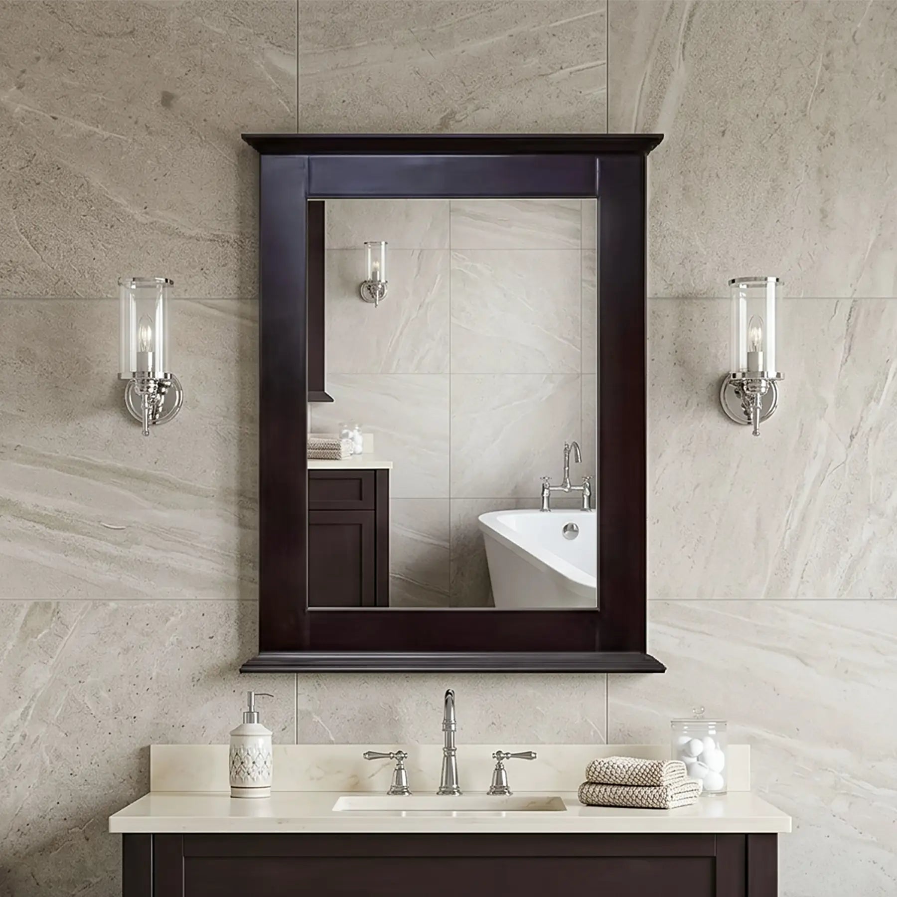 Cambridge 24 inch solid wood framed wall mirror in chocolate finish – classic pivot bathroom mirror in a classic, traditional bathroom.