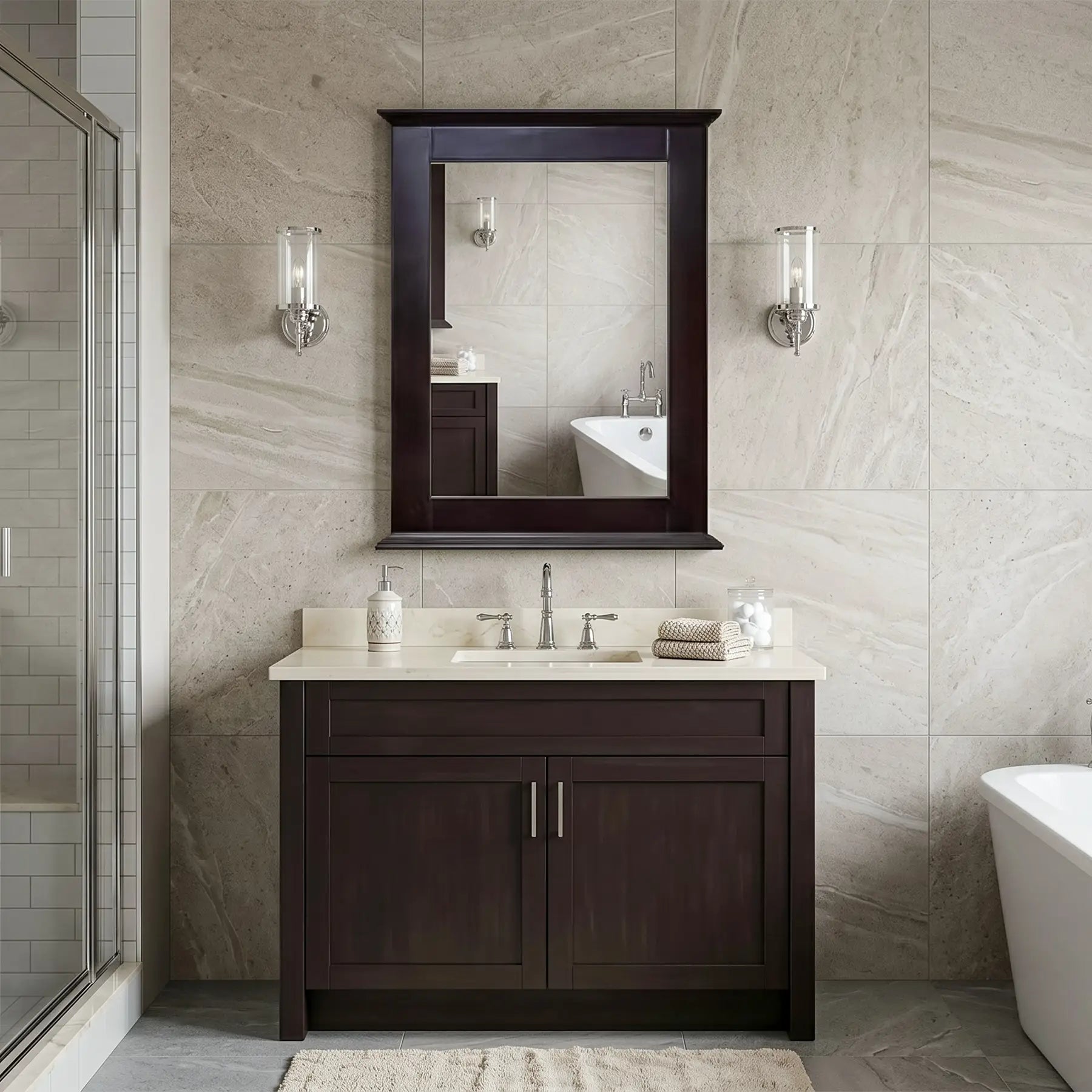 Cambridge 24 inch solid wood framed wall mirror in chocolate finish – classic pivot bathroom mirror in a classic, traditional bathroom.