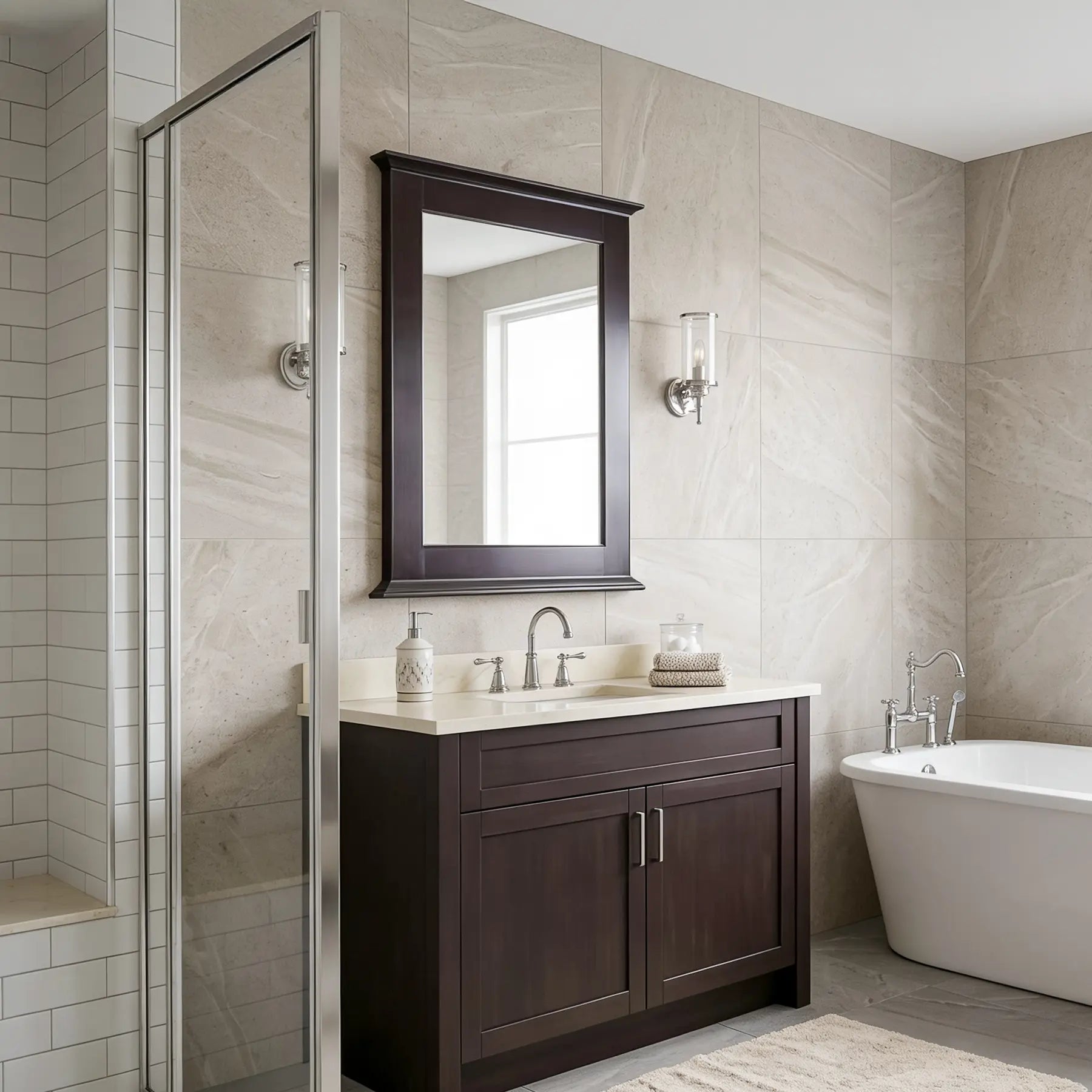 Cambridge 24 inch solid wood framed wall mirror in chocolate finish – classic pivot bathroom mirror in a classic, traditional bathroom.