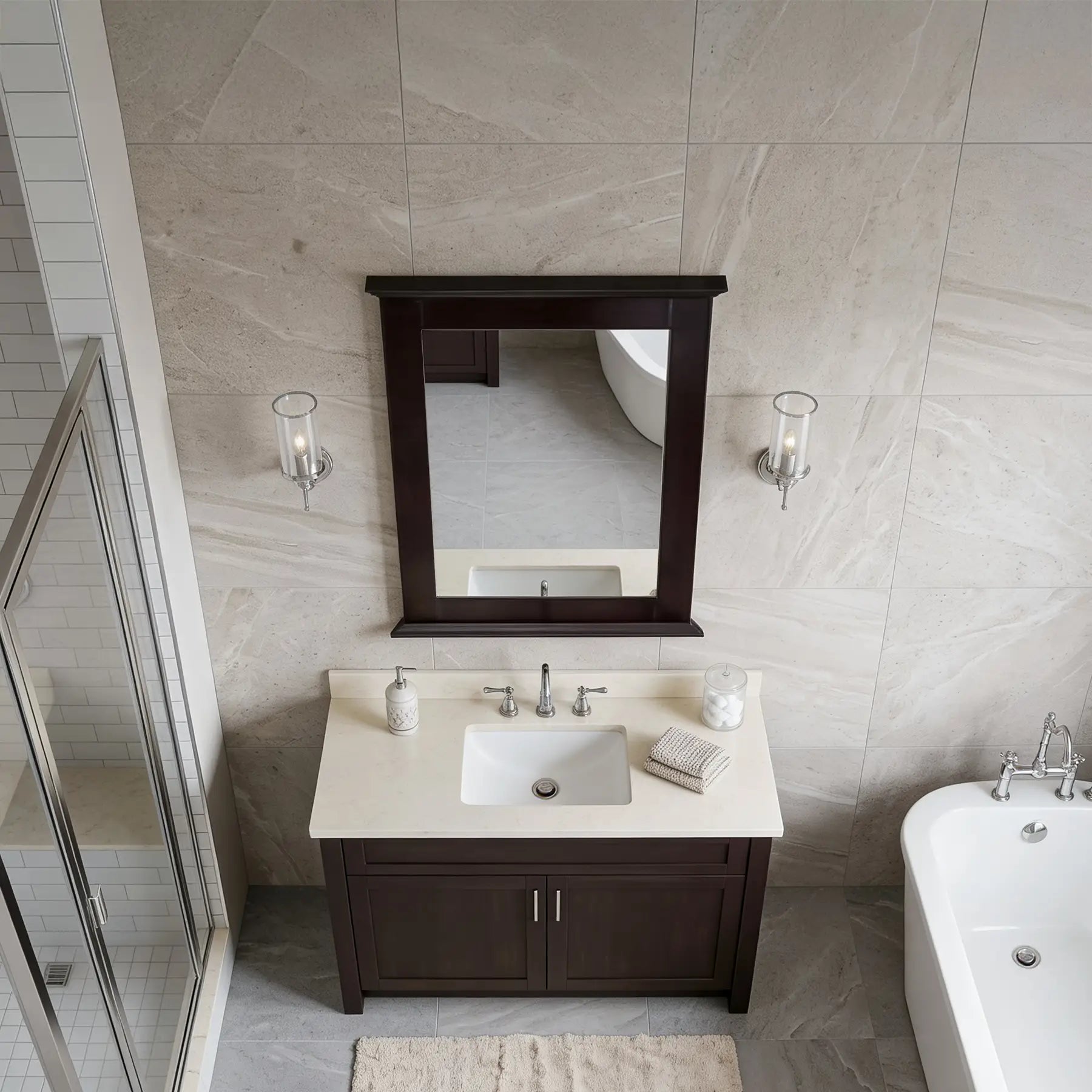 Cambridge 24 inch solid wood framed wall mirror in chocolate finish – classic pivot bathroom mirror in a classic, traditional bathroom.