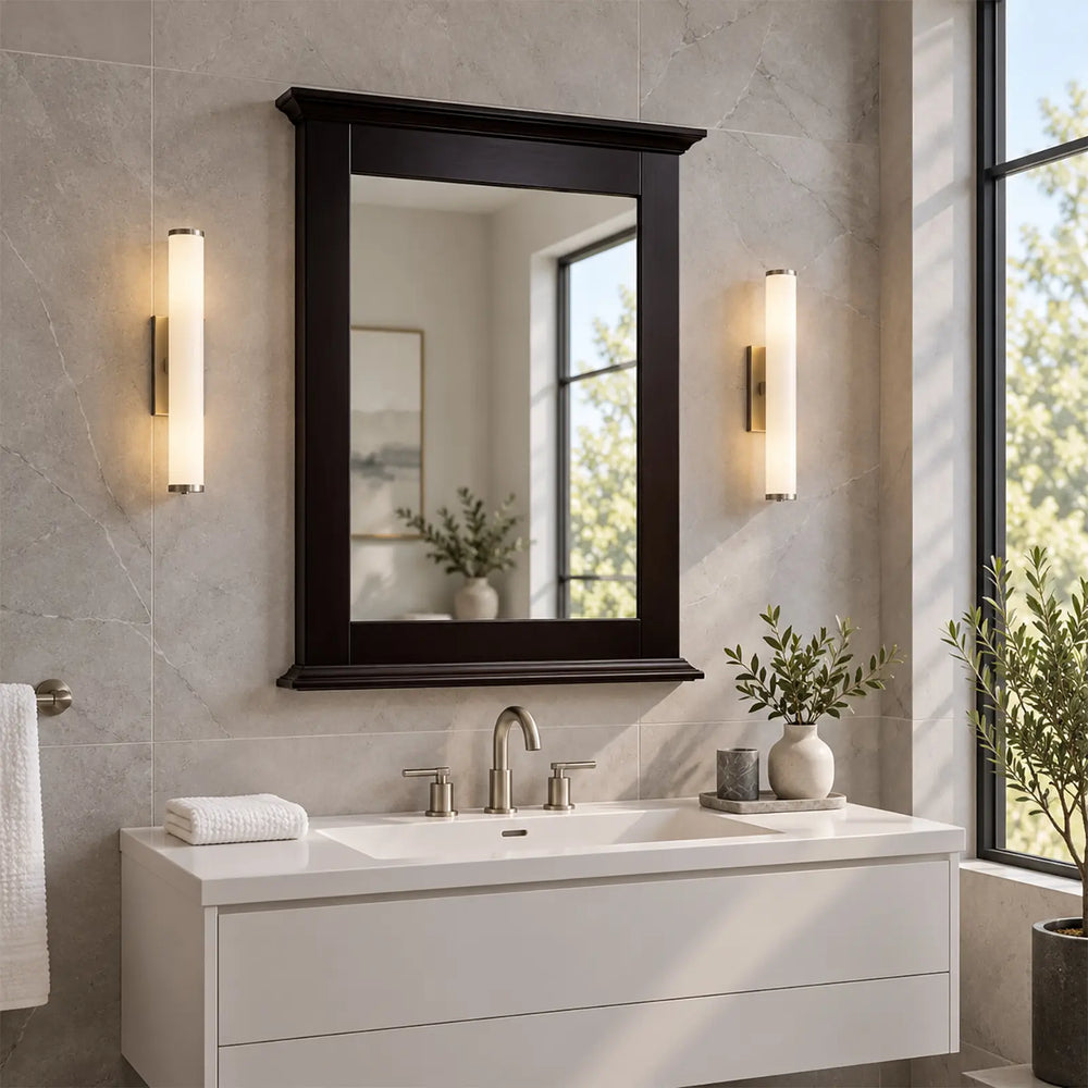 Dreamwerks Cambridge chocolate wood framed mirror above an oak vanity with brass fixtures in a bright modern bathroom.