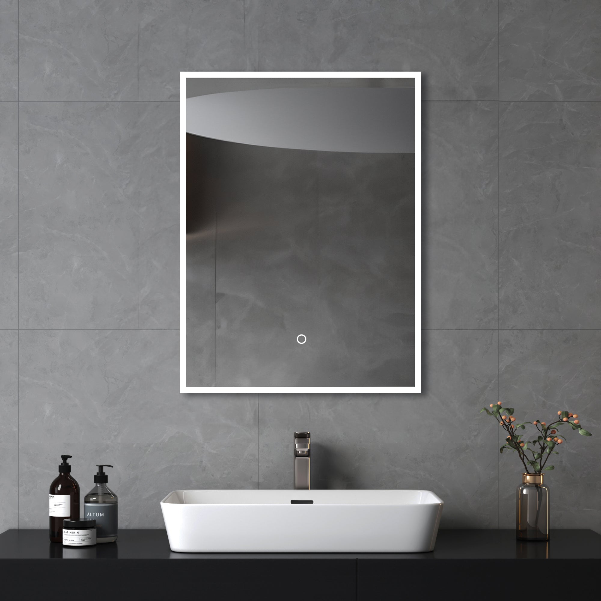 Modern bathroom interior with frameless led mirror over a sleek countertop basin, complemented by minimalistic accessories,  featuring dreamwerks product.