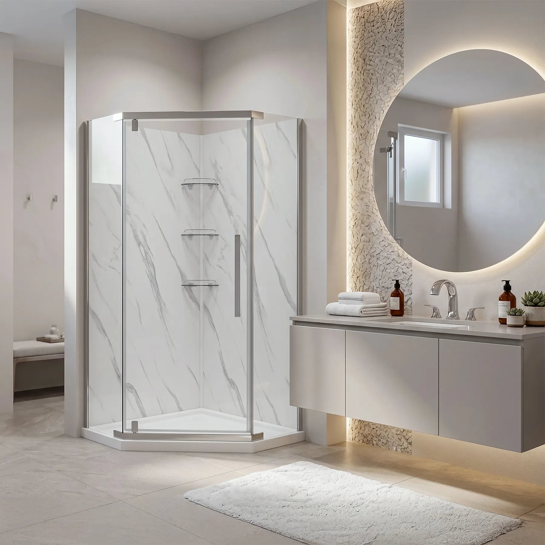 Modern bathroom with shower enclosure, sink, and mirror
