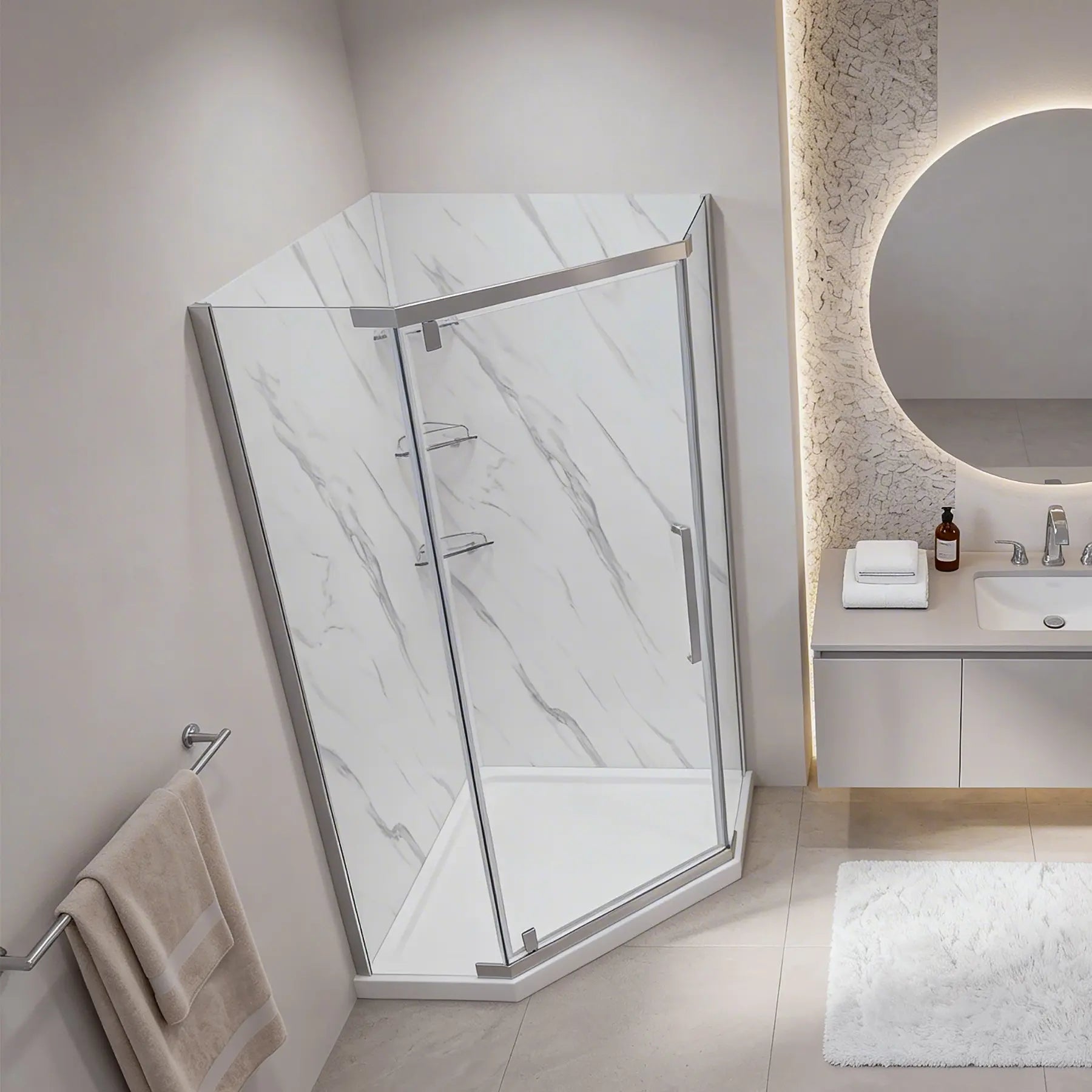 Bathroom with a glass shower enclosure, towel rack, and sink.