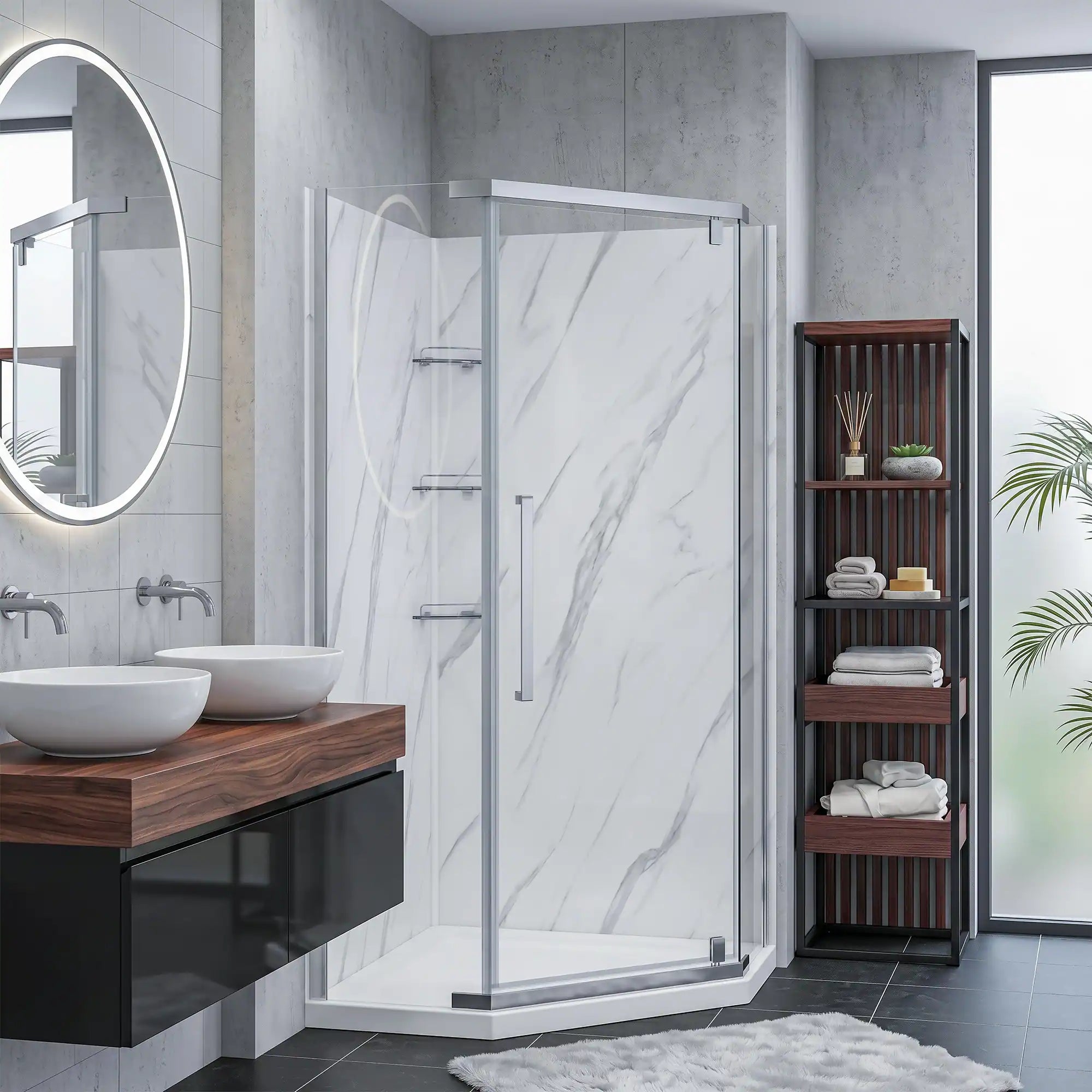 Modern bathroom with shower enclosure, vanity, and shelves.