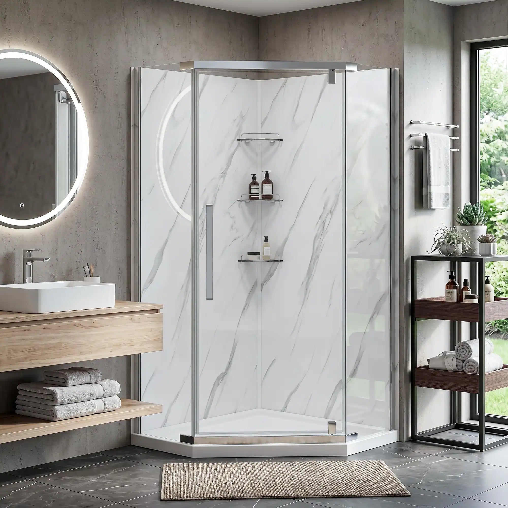 Bathroom with a walk-in shower enclosure, sink, and shelves.
