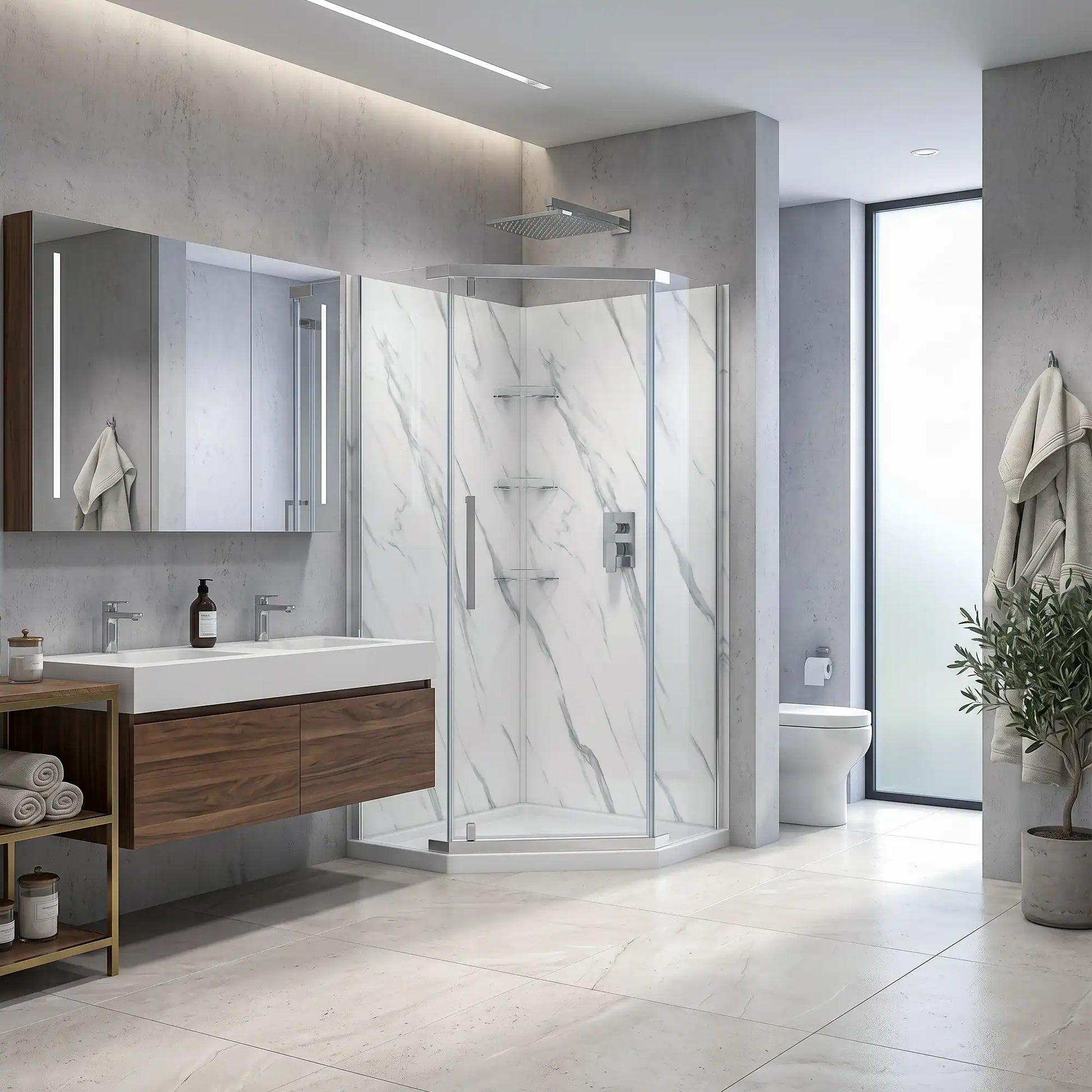 Modern bathroom with shower enclosure, sink, and wooden vanity.