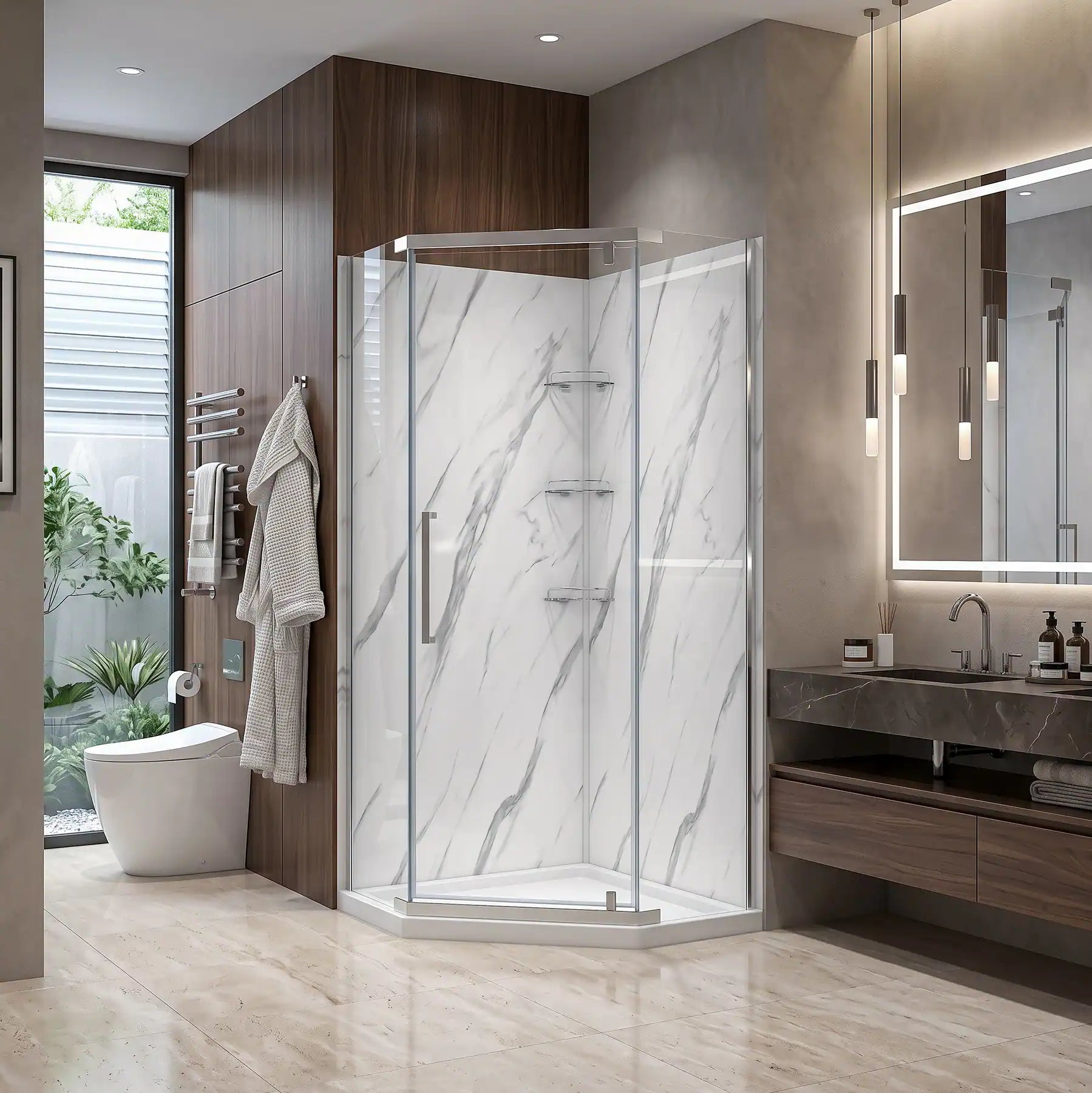 Modern bathroom with shower enclosure, sink, and mirror.