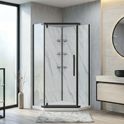 Modern bathroom with a shower enclosure, sink, and mirror.