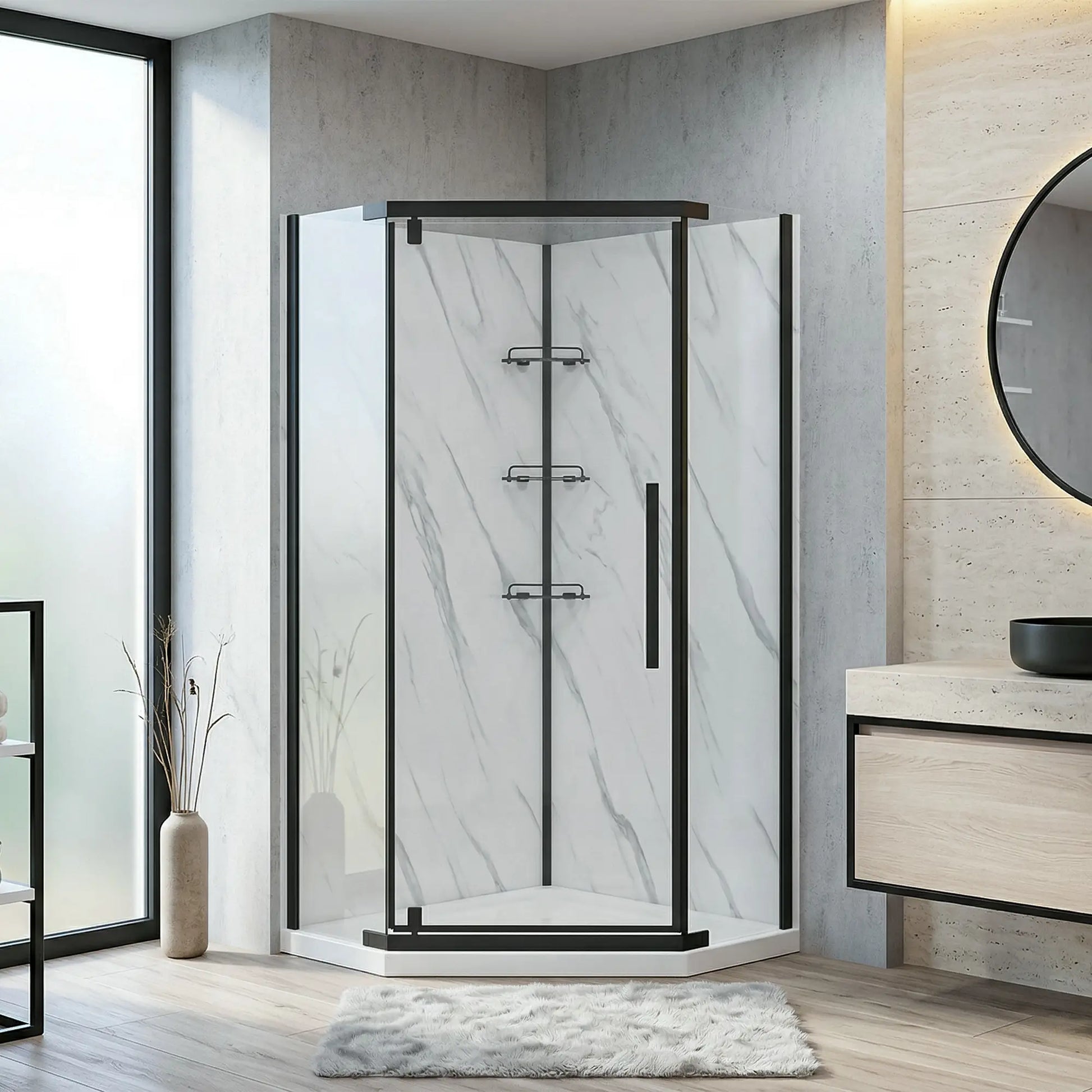 Modern bathroom with a shower enclosure, sink, and mirror.