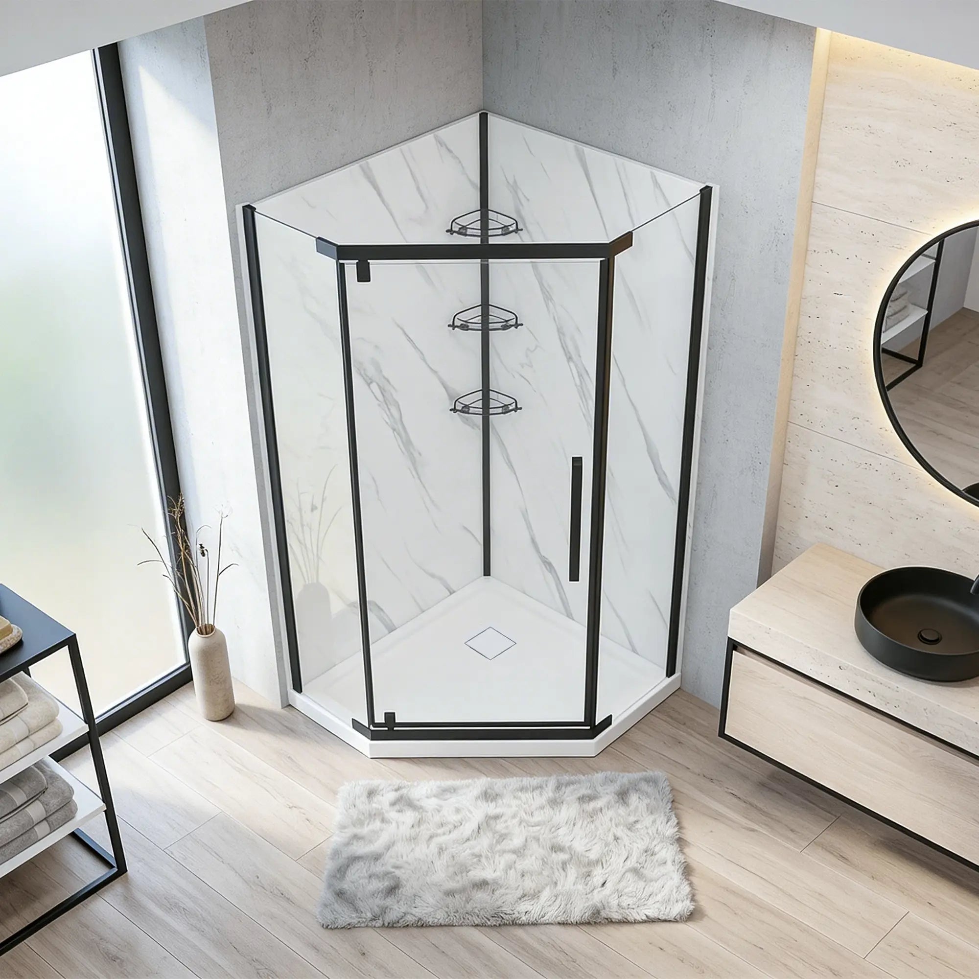 Modern bathroom with a hexagonal shower enclosure, rug, and sink.