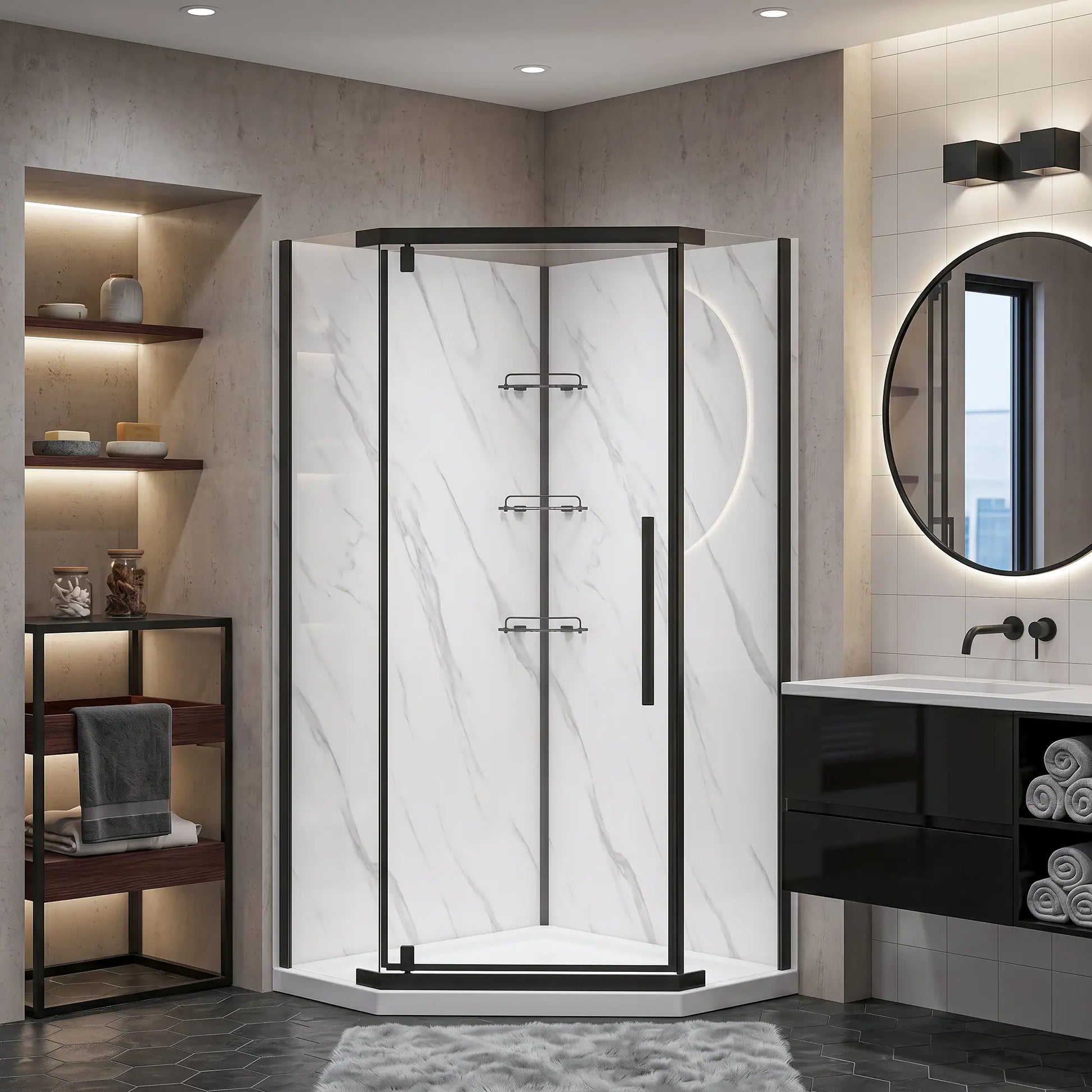 Modern bathroom with a corner shower enclosure, shelves, and a vanity.