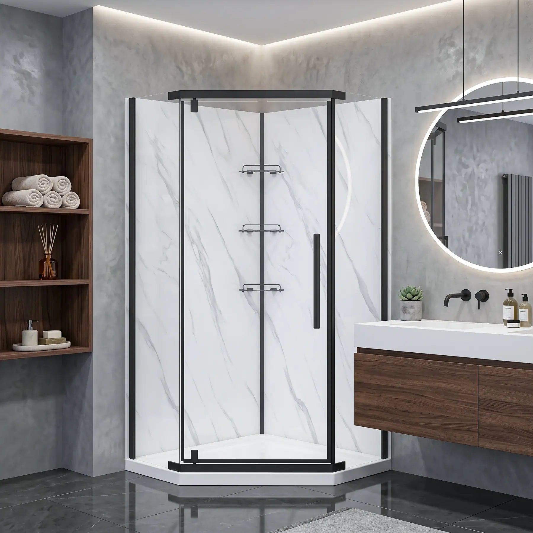 Modern bathroom with a shower enclosure, sink, and shelves.