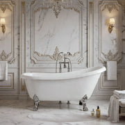 Luxurious bathroom with a freestanding bathtub, ornate walls, and decorative elements.