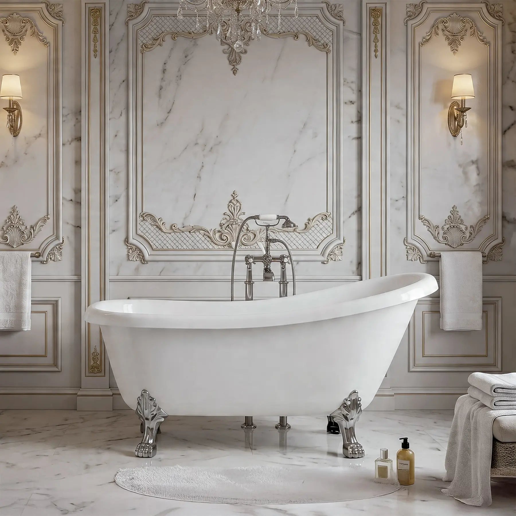 Luxurious bathroom with a freestanding bathtub, ornate walls, and decorative elements.