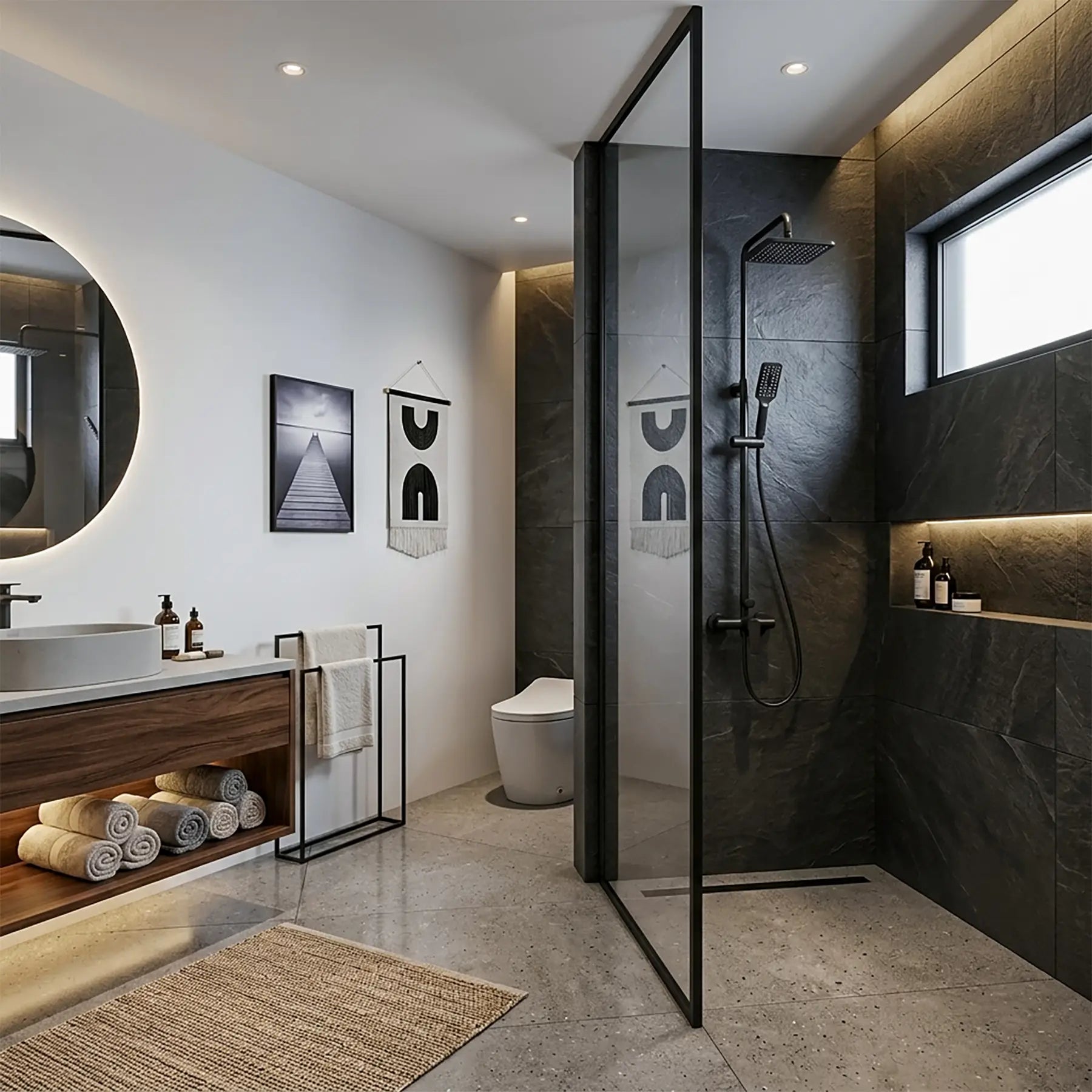 Dreamwerks screen door with black frame in a modern bathroom.