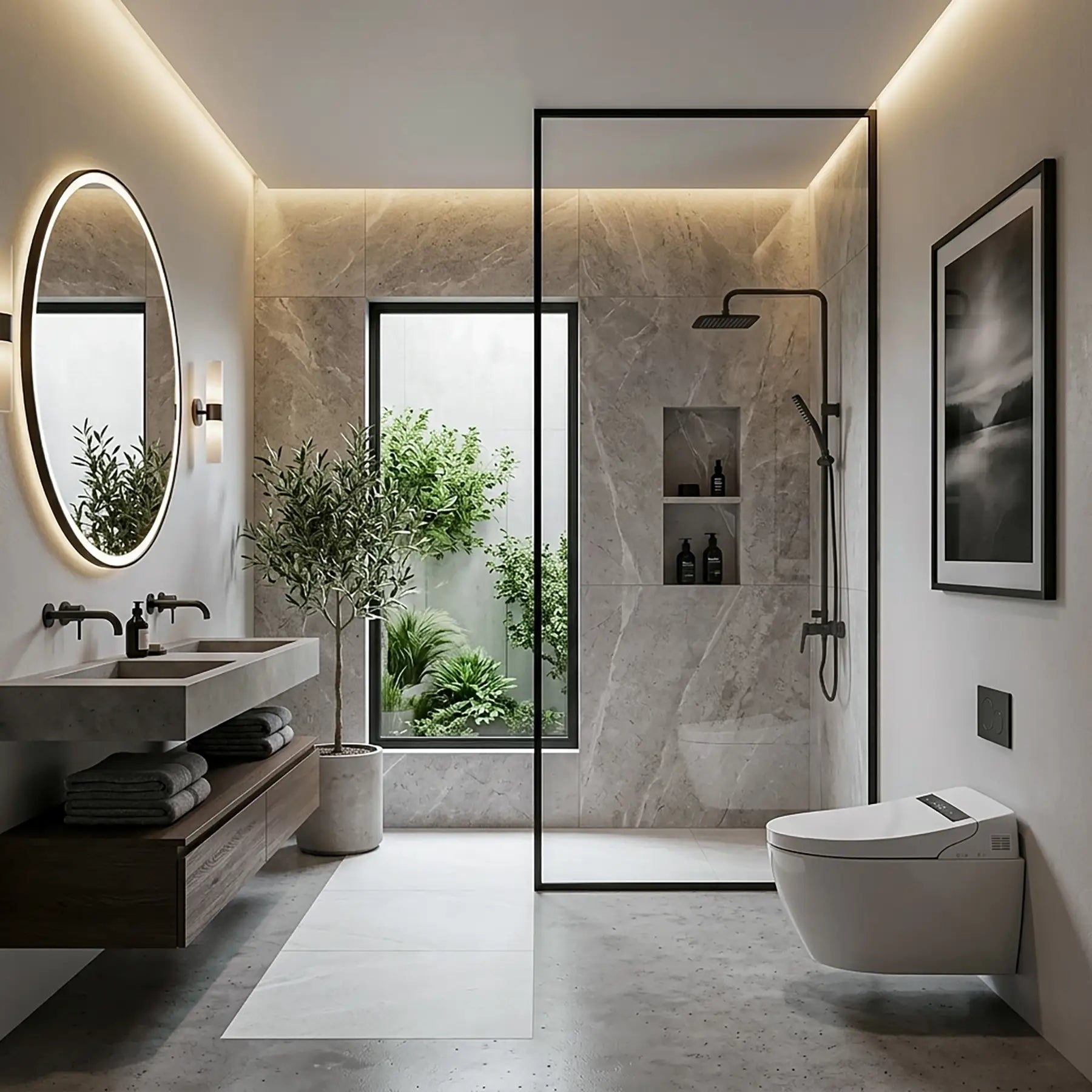 Dreamwerks screen door with black frame in a modern bathroom.