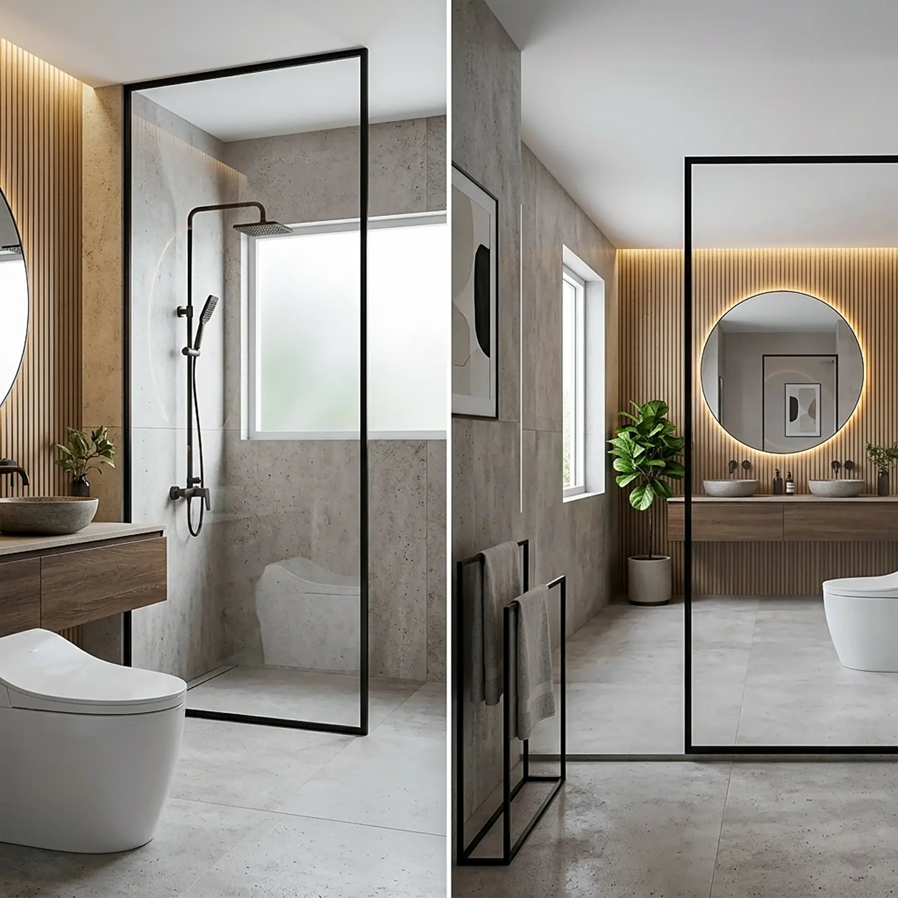Dreamwerks screen door with black frame in a modern bathroom.