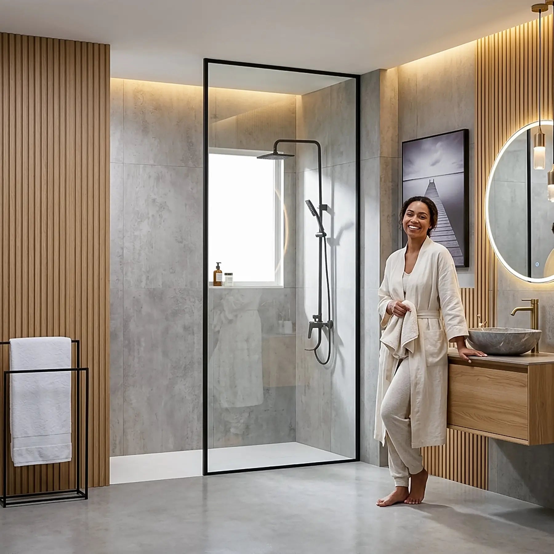 Dreamwerks screen door with black frame in a modern bathroom with a model smiling.