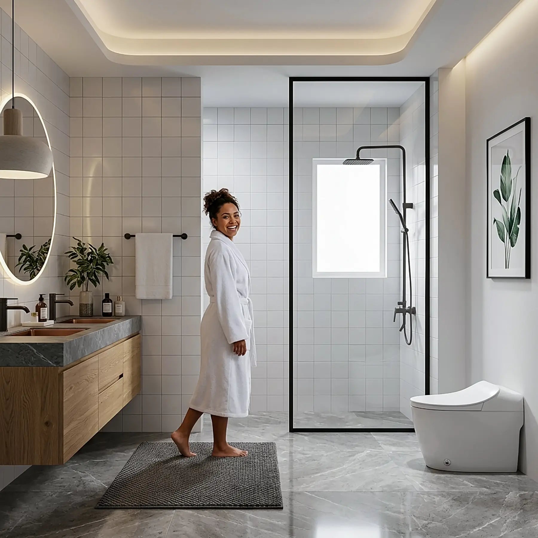 Dreamwerks screen door with black frame in a modern bathroom with a model smiling.
