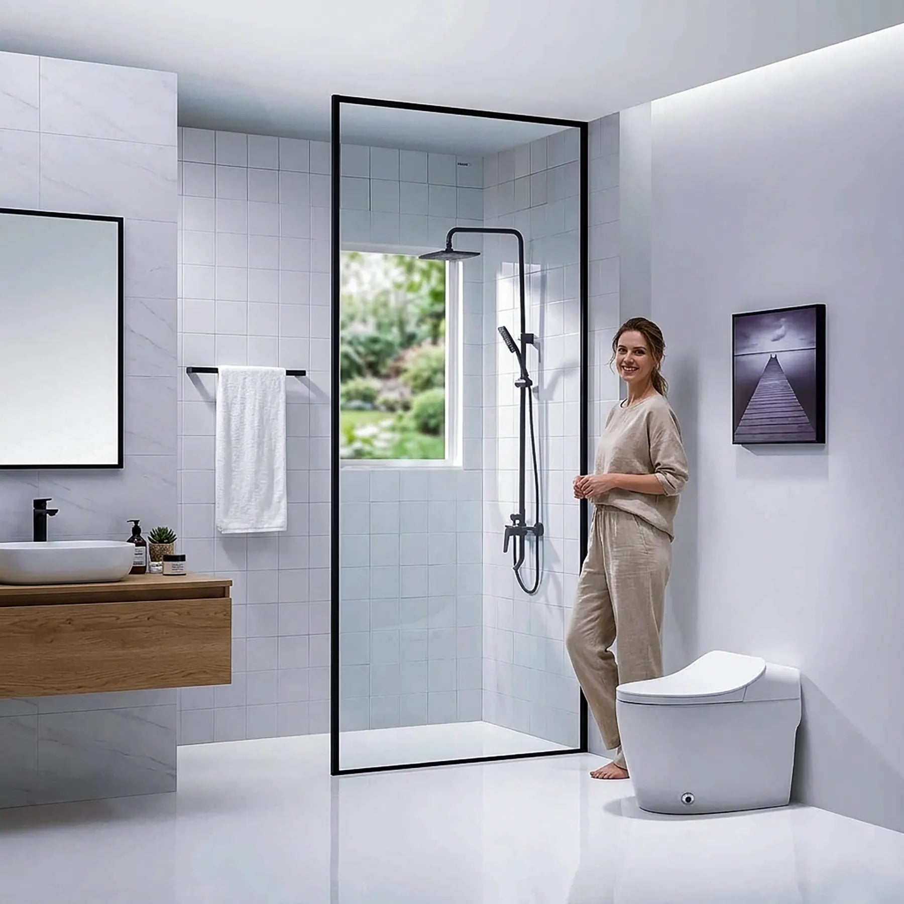 Dreamwerks screen door with black frame in a modern bathroom with a model smiling.