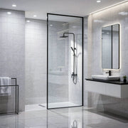 Dreamwerks screen door with black frame in a modern bathroom.