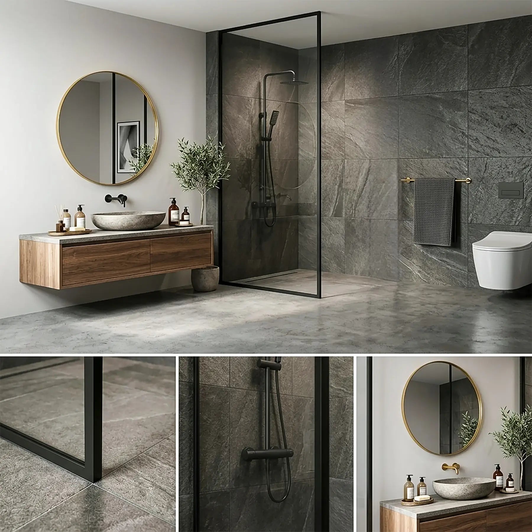Dreamwerks screen door with black frame in a modern bathroom with zoom in of different angles.
